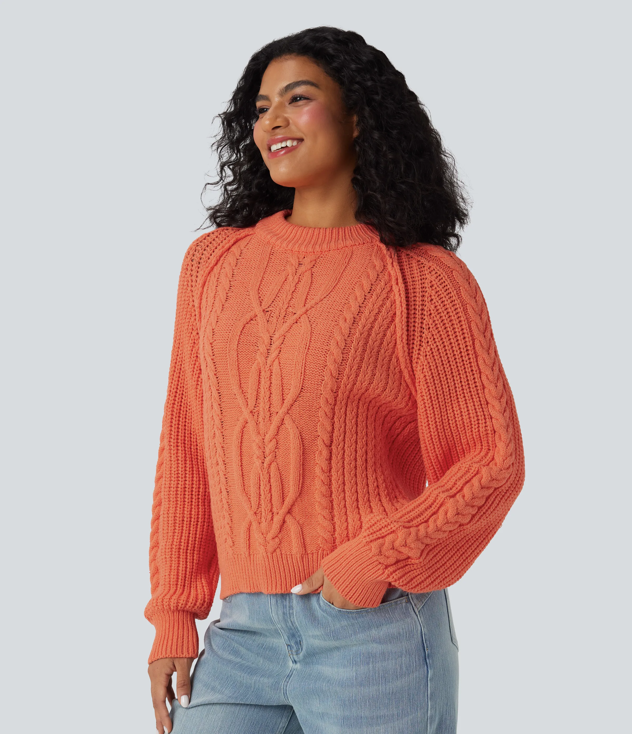 Halara Suéter casual de punto trenzado holgado con cuello redondo y manga larga raglán - Pastel Red - XL sold by Halara product image thumbnail 5