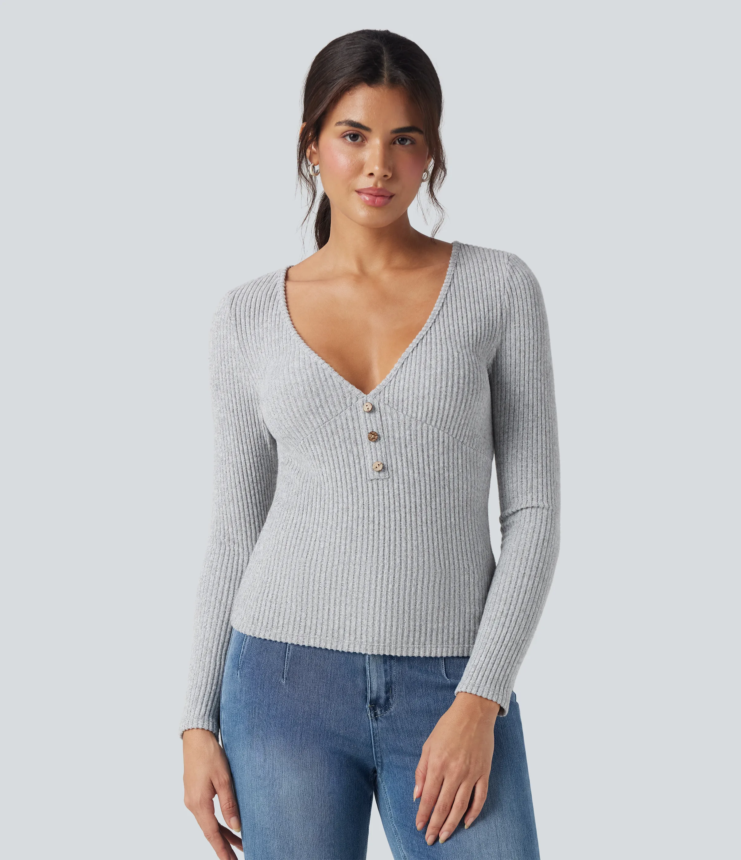 Halara Top casual ajustado jaspeado de manga larga de punto acanalado con cuello en V - Hemp Gray Mix - XS sold by Halara