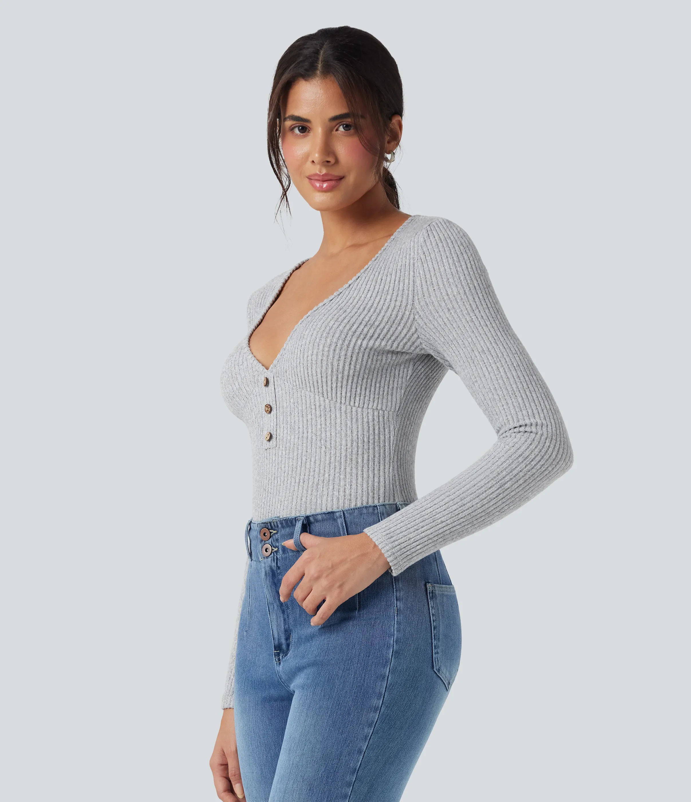 Halara Top casual ajustado jaspeado de manga larga de punto acanalado con cuello en V - Hemp Gray Mix - XS sold by Halara product image thumbnail 4