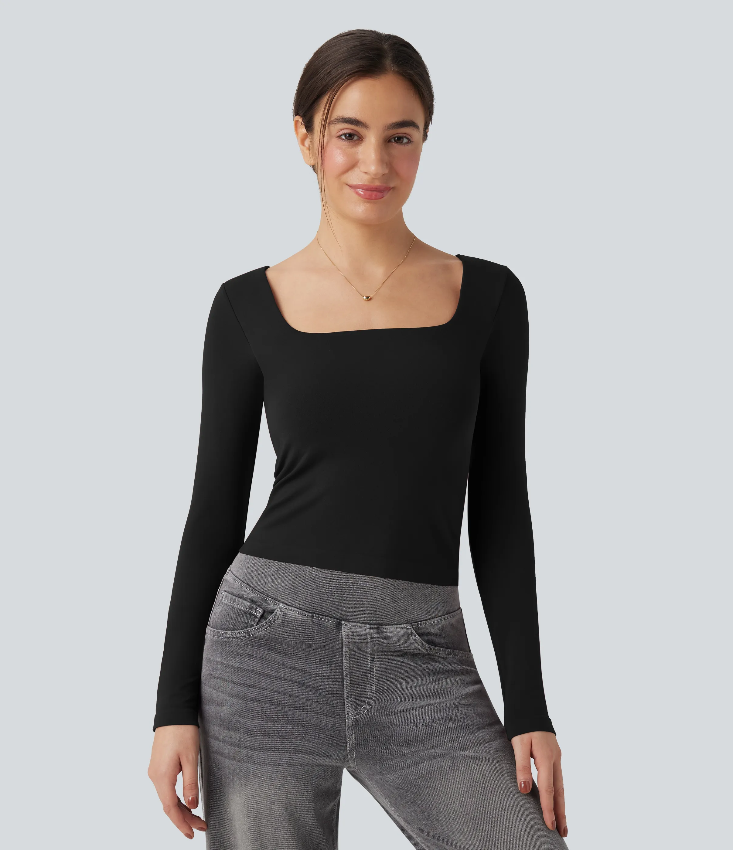 Halara Top deportivo de yoga 2 en 1 de manga larga con cuello cuadrado y sin costuras - Black - L sold by Halara product image thumbnail 3