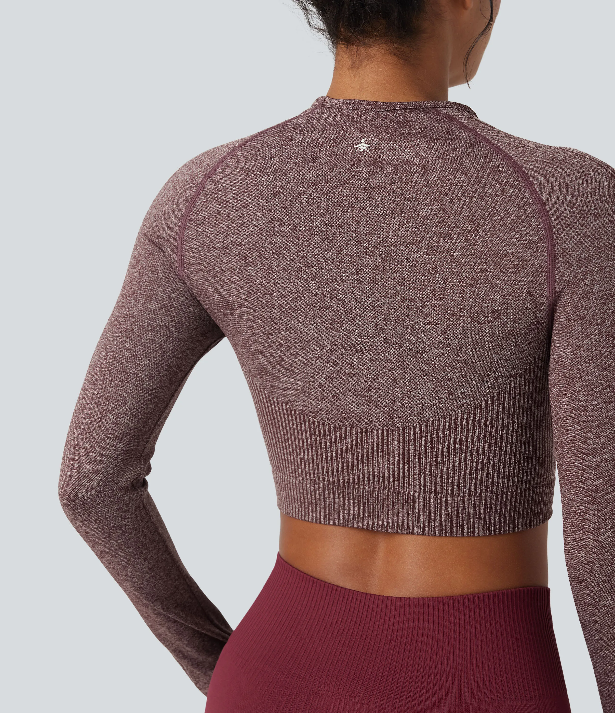 Halara Top deportivo de yoga corto sin costuras con cuello redondo de manga larga y abertura para el pulgar - Wine Red - L sold by Halara product image thumbnail 5