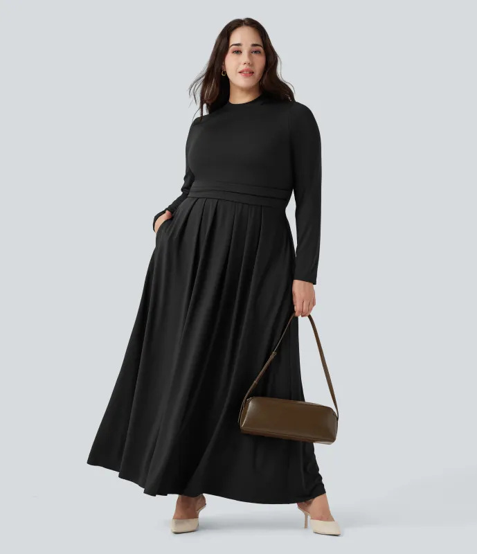 Halara Vestido maxi casual acampanado de manga larga con cuello alto y bolsillos en tallas grandes - Black - 2X sold by Halara