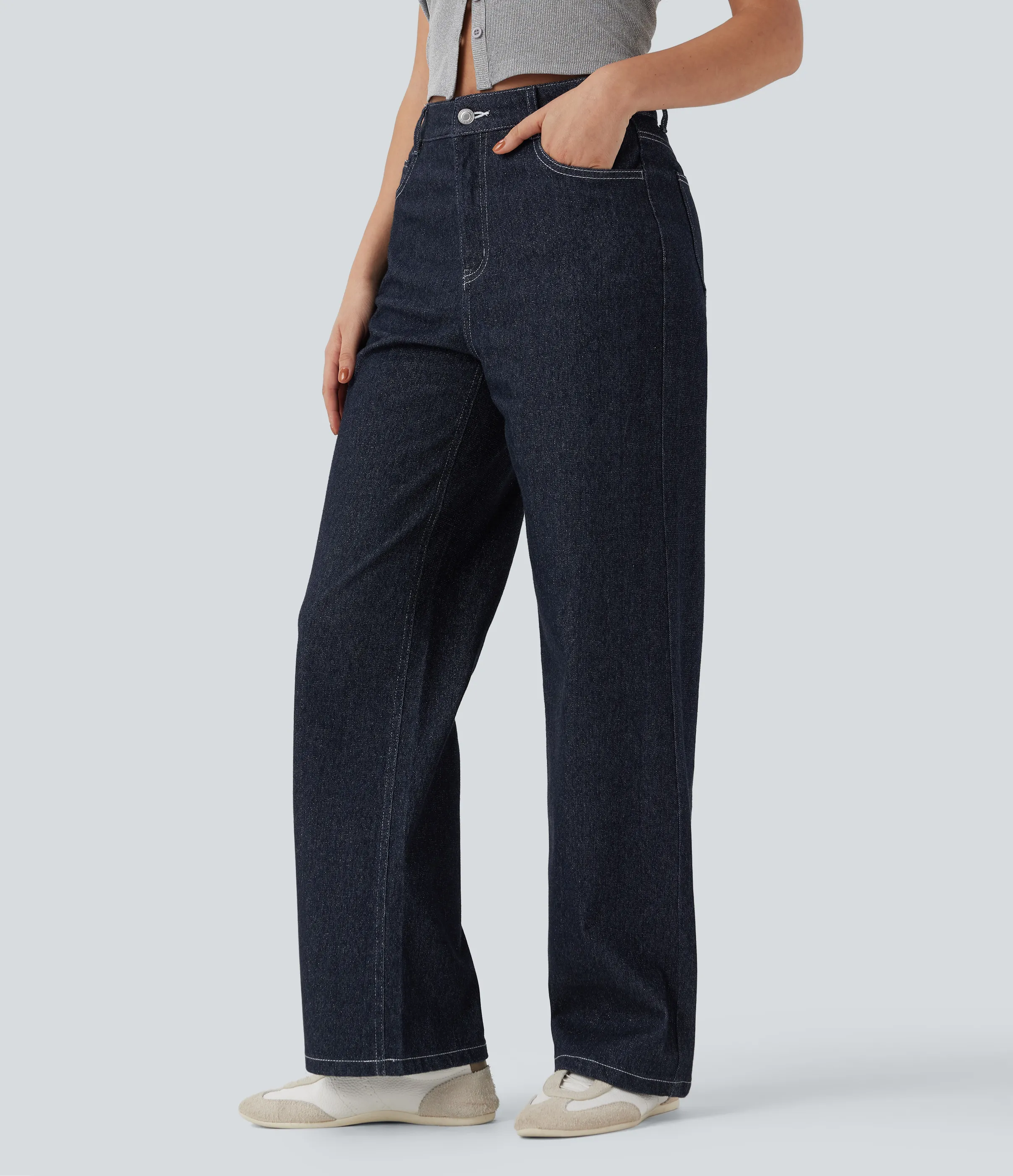 Halara Jeans casuales rectos Halara Flex™ metalizados de tiro alto con bolsillos - Inkling Blue Denim - M(regular) sold by Halara product image thumbnail 4