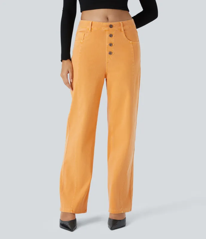 Halara Jeans novio Halara Flex™ Denim tiro alto botón decorativo múltiple bolsillo pierna recta colorido elástico - Frost Orange Denim - M(regular) sold by Halara