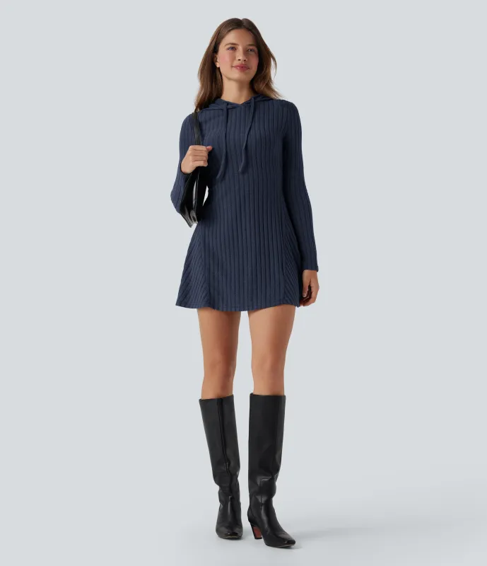 Halara Vestido casual mini de manga larga con capucha y cordón ajustable de punto acanalado - Cabbage Floral Yarn - S sold by Halara