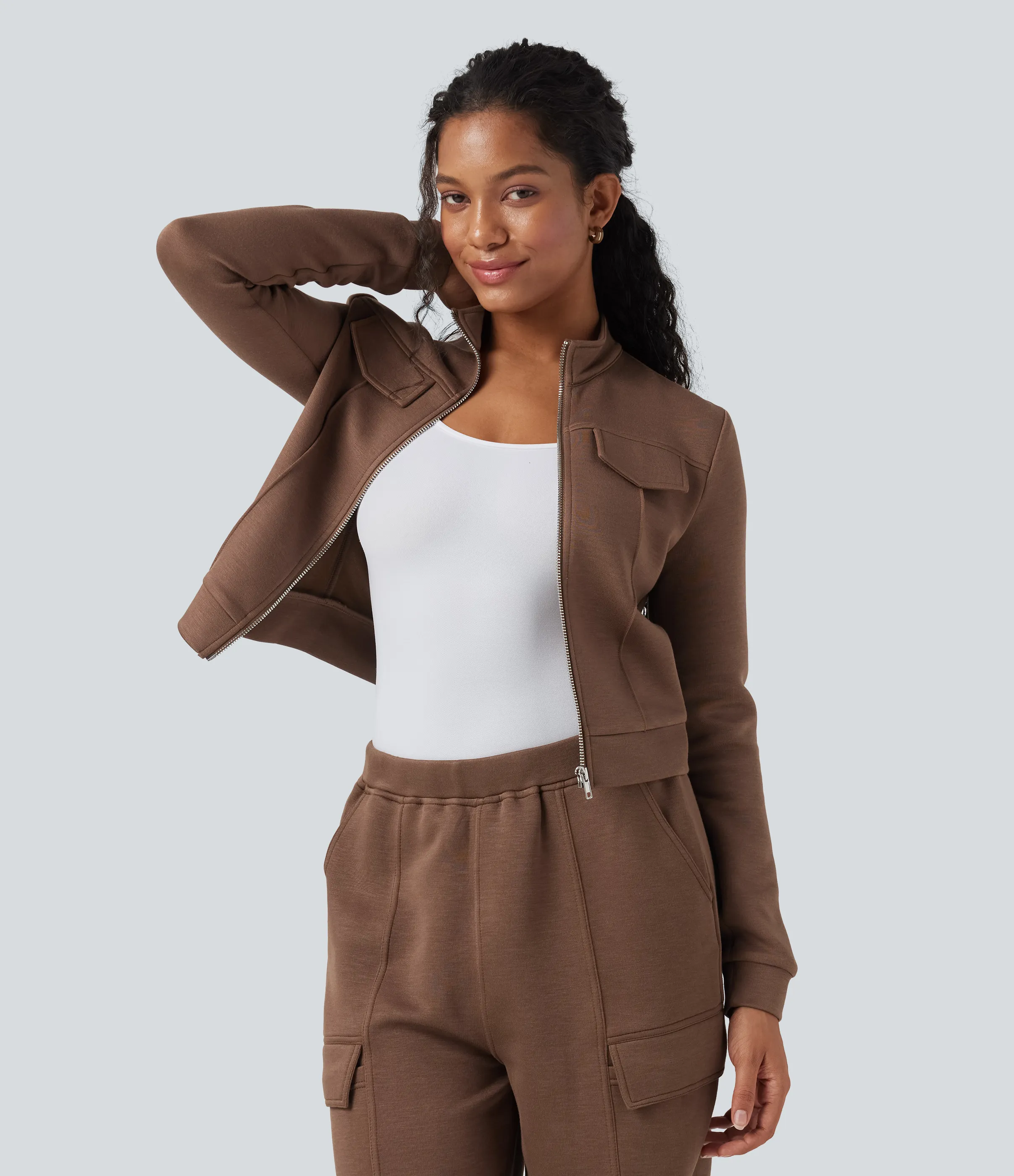 Halara Chamarra deportiva de manga larga con cuello alto - Cocoa Brown - M sold by Halara product image thumbnail 3