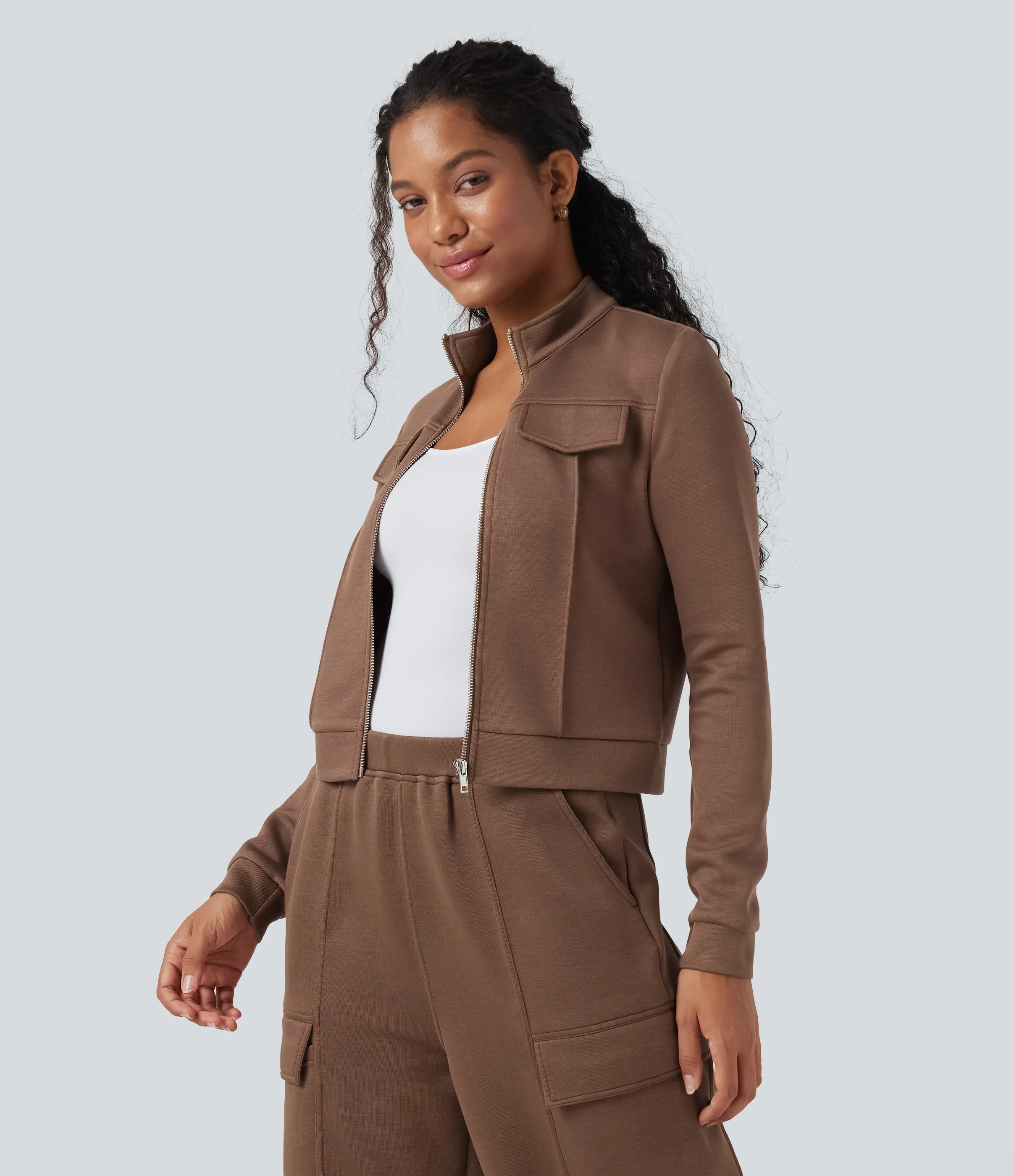 Halara Chamarra deportiva de manga larga con cuello alto - Cocoa Brown - M sold by Halara product image thumbnail 4