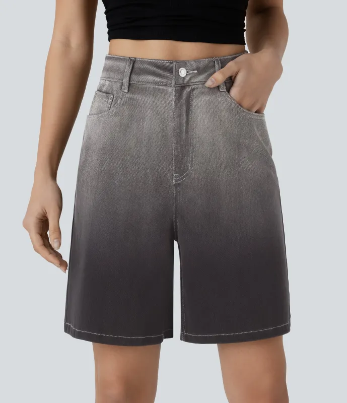 Halara Bermuda Halara Flex™ Denim mezclilla elástica degradado múltiple bolsillo botón tiro alto 17.5cm - Light Jet Black Denim - XL(regular) sold by Halara