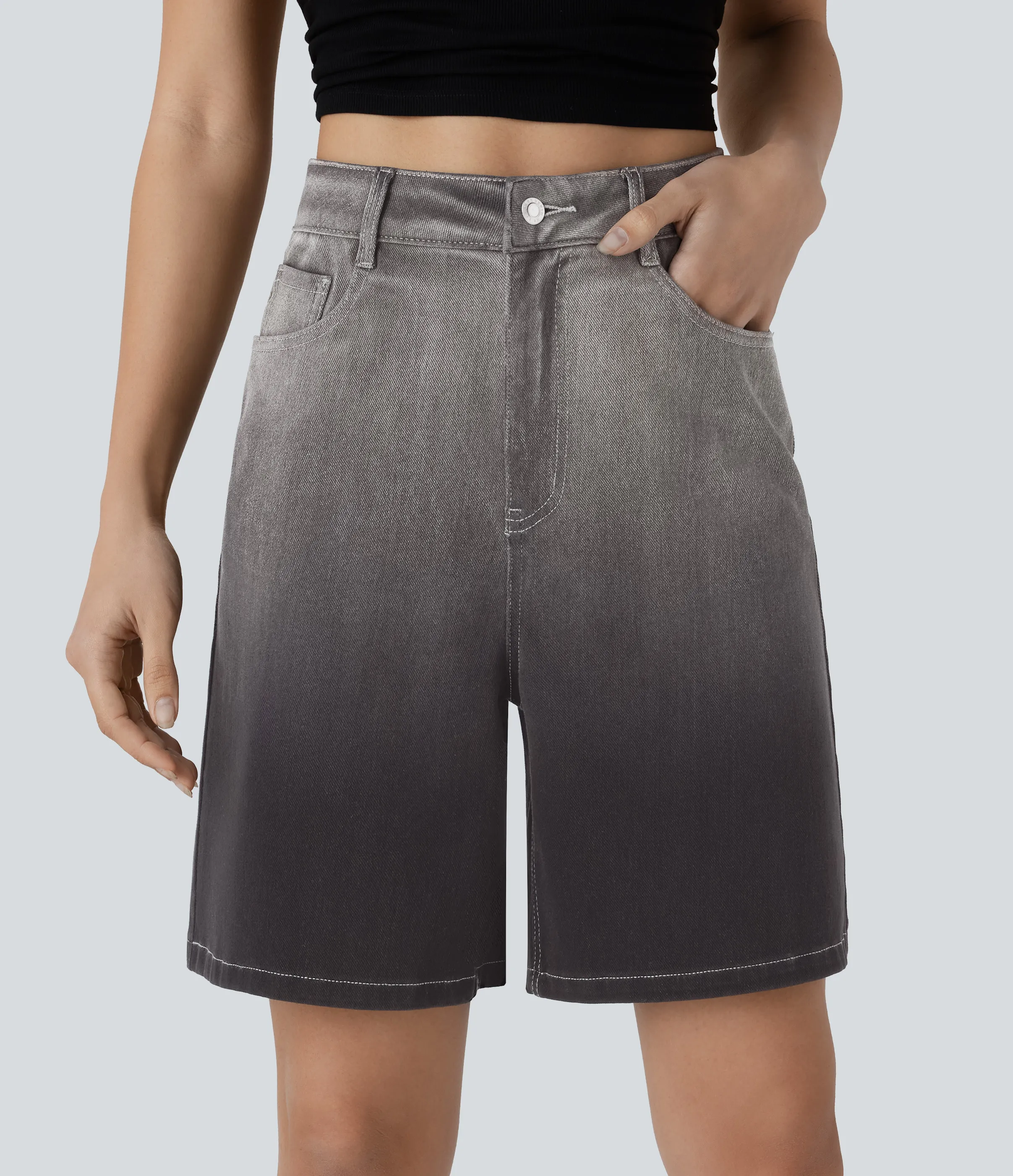 Halara Bermuda Halara Flex™ Denim mezclilla elástica degradado múltiple bolsillo botón tiro alto 17.5cm - Light Jet Black Denim - XL(regular) sold by Halara product image thumbnail 2