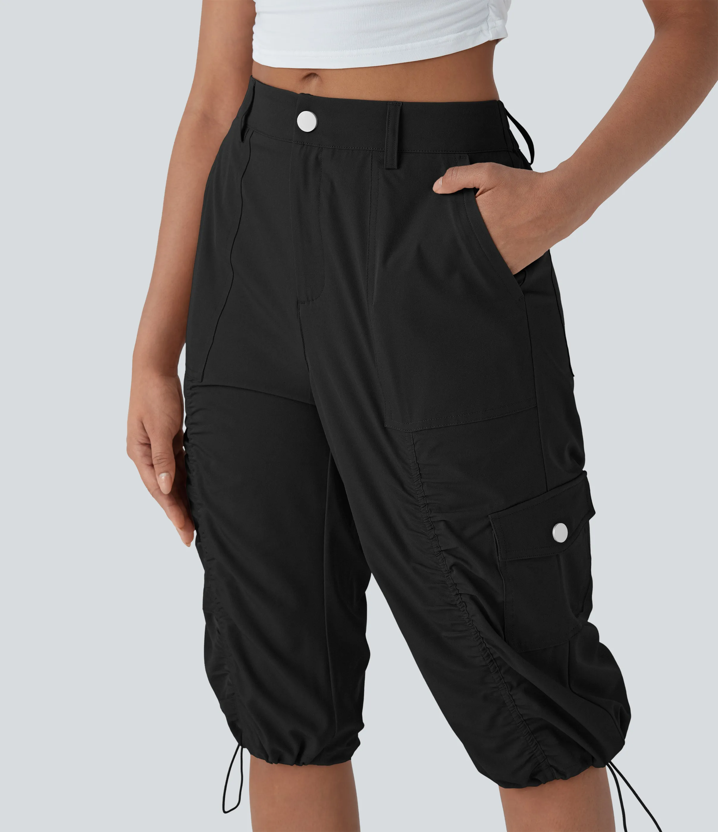 Halara Pantalones cargo casuales de tiro medio fruncidos con cordón ajustable de secado rápido y bolsillos - Black - S(regular) sold by Halara product image thumbnail 5