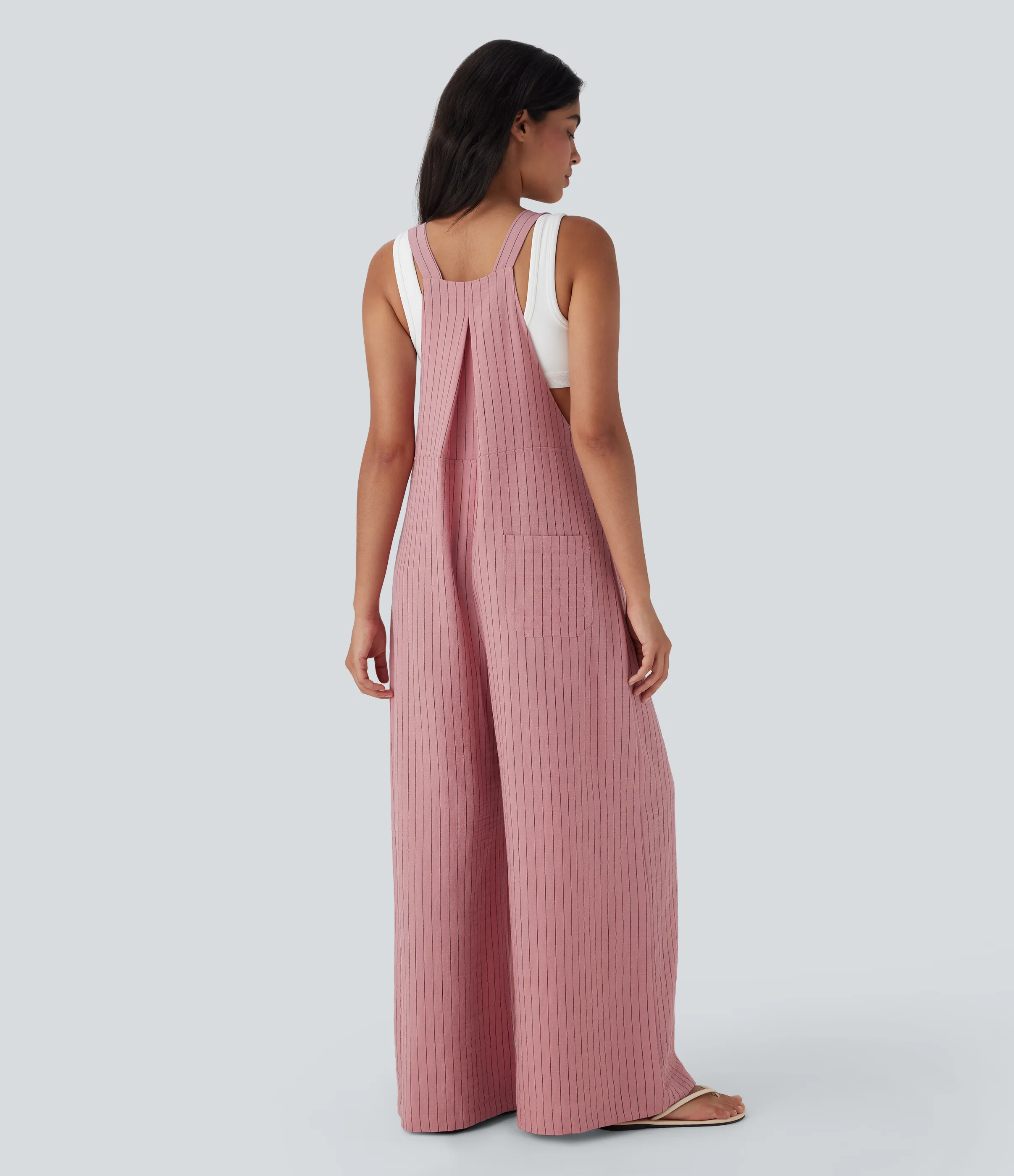 Halara Overol ancho casual a rayas holgado de lino con bolsillos, botones y tirantes ajustables - Candy Pink Black Yarn Dye Stripes - XS(regular) sold by Halara product image thumbnail 3