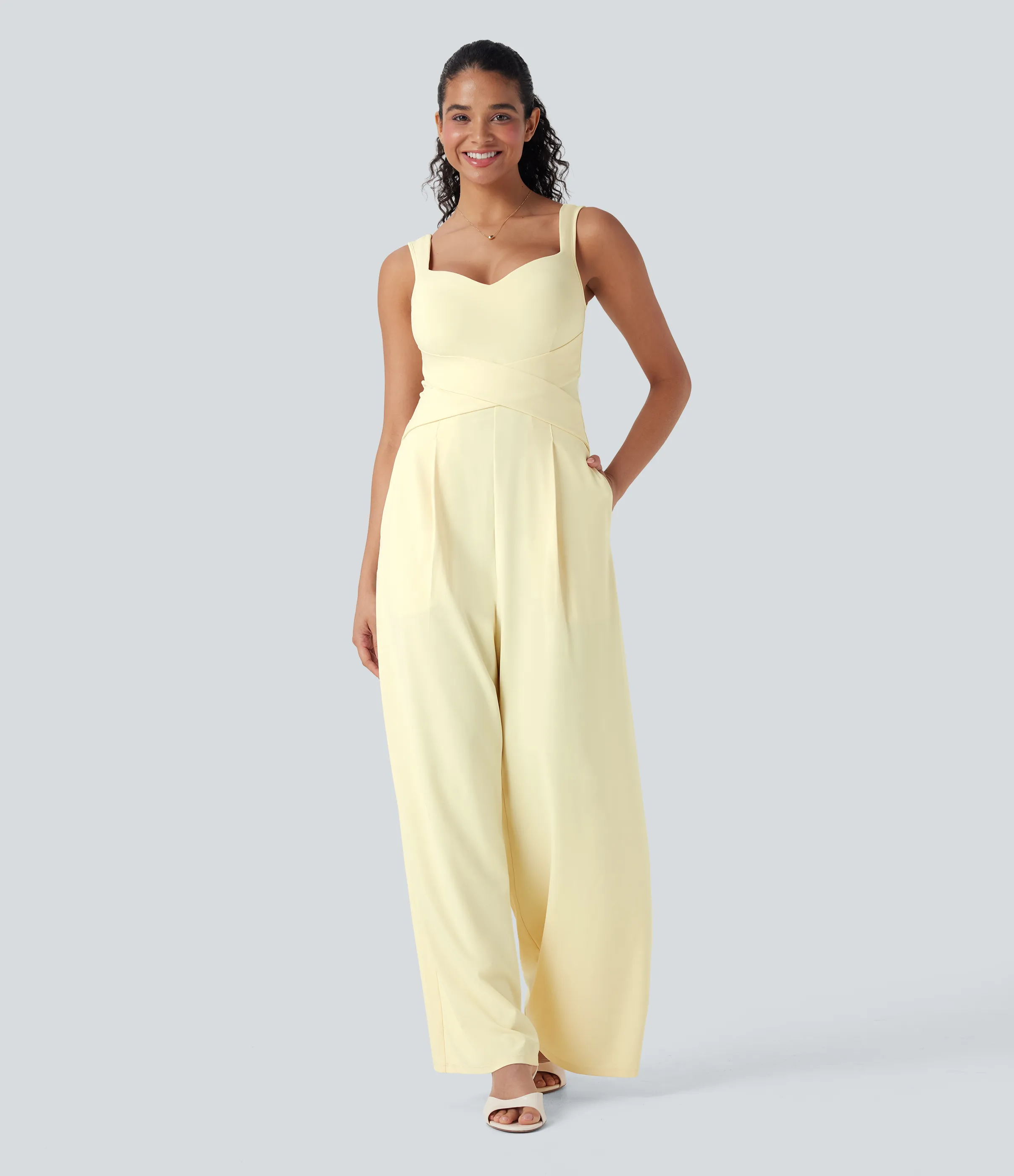 Halara Jumpsuit casual sin mangas con espalda en U y bolsillos - Vague Yellow - XL(regular) sold by Halara