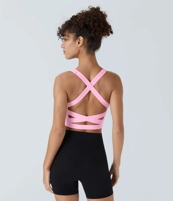 Halara Top corto de yoga SoftlyZero™ Airy con escote cuadrado, sin espalda, tirantes cruzados y tacto fresco-UPF50+ en copas D-F - Nosegay - XL sold by Halara