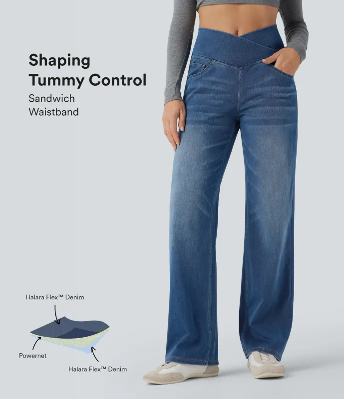 Halara Jeans casuales rectos con control de abdomen de tiro alto cruzado y bolsillos, estilo Halara Flex™ SoCinched  - Tide Blue Denim - S(tall) sold by Halara