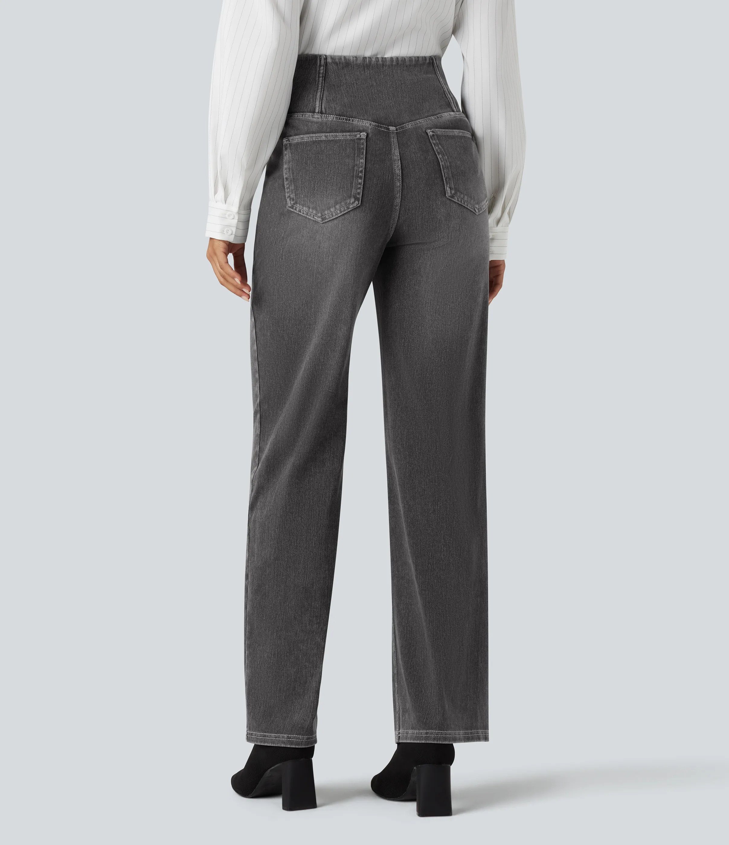 Halara Jeans casuales rectos con control de abdomen de tiro alto cruzado y bolsillos, estilo Halara Flex™ SoCinched - Iron Gate Denim - XL(regular) sold by Halara product image thumbnail 3