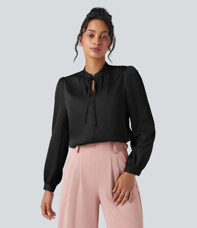 Halara Camisa de oficina de manga larga con lazo delantero - Black - L sold by Halara