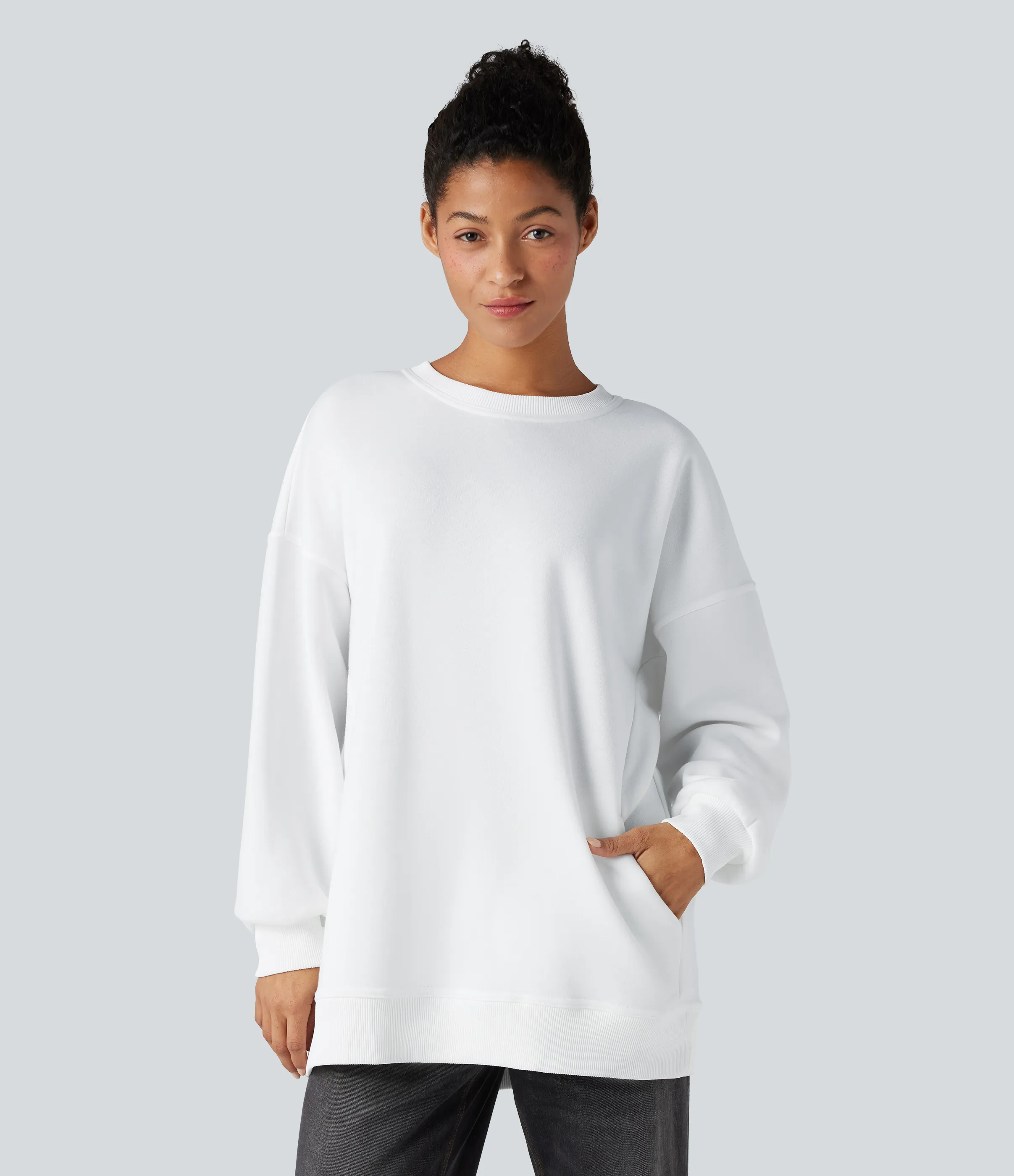 Halara Sudadera polar gran tamaño bolsillo lateral manga larga cuello redondo - White - S sold by Halara product image thumbnail 3