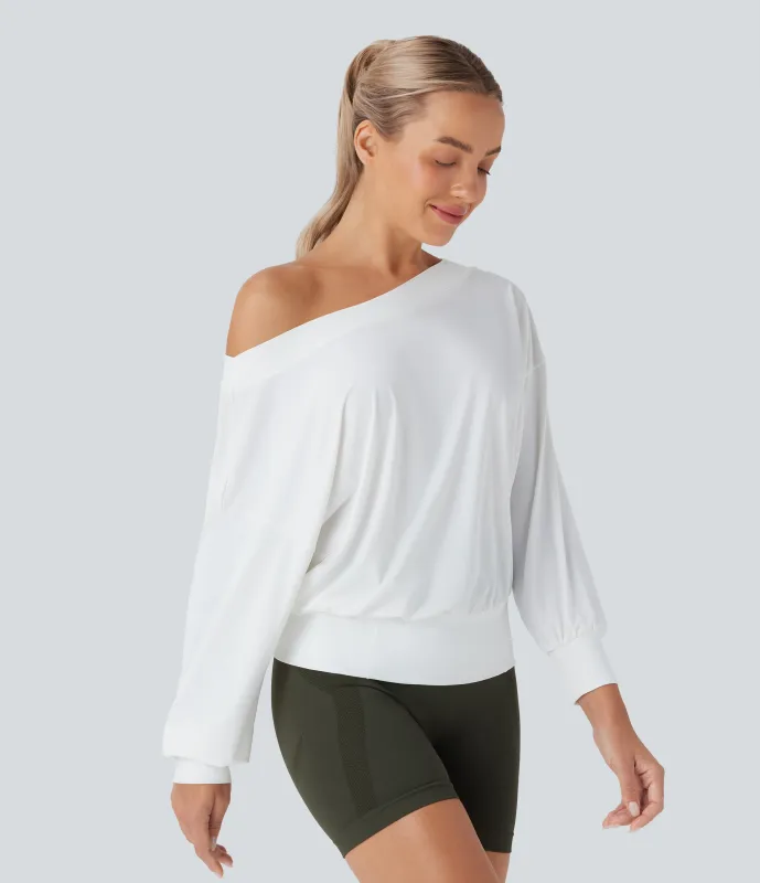 Halara Top deportivo de yoga oversize de secado rápido con hombro descubierto y tacto fresco - White - S sold by Halara