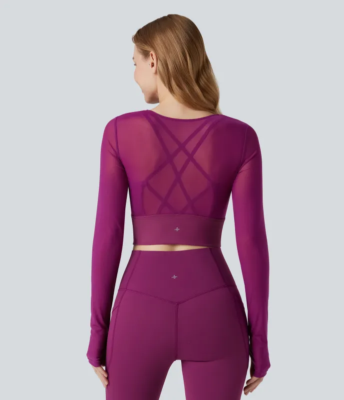 Halara Top deportivo de yoga 2 en 1 de manga larga con abertura para el pulgar y malla en contraste - Rose Violet - S sold by Halara