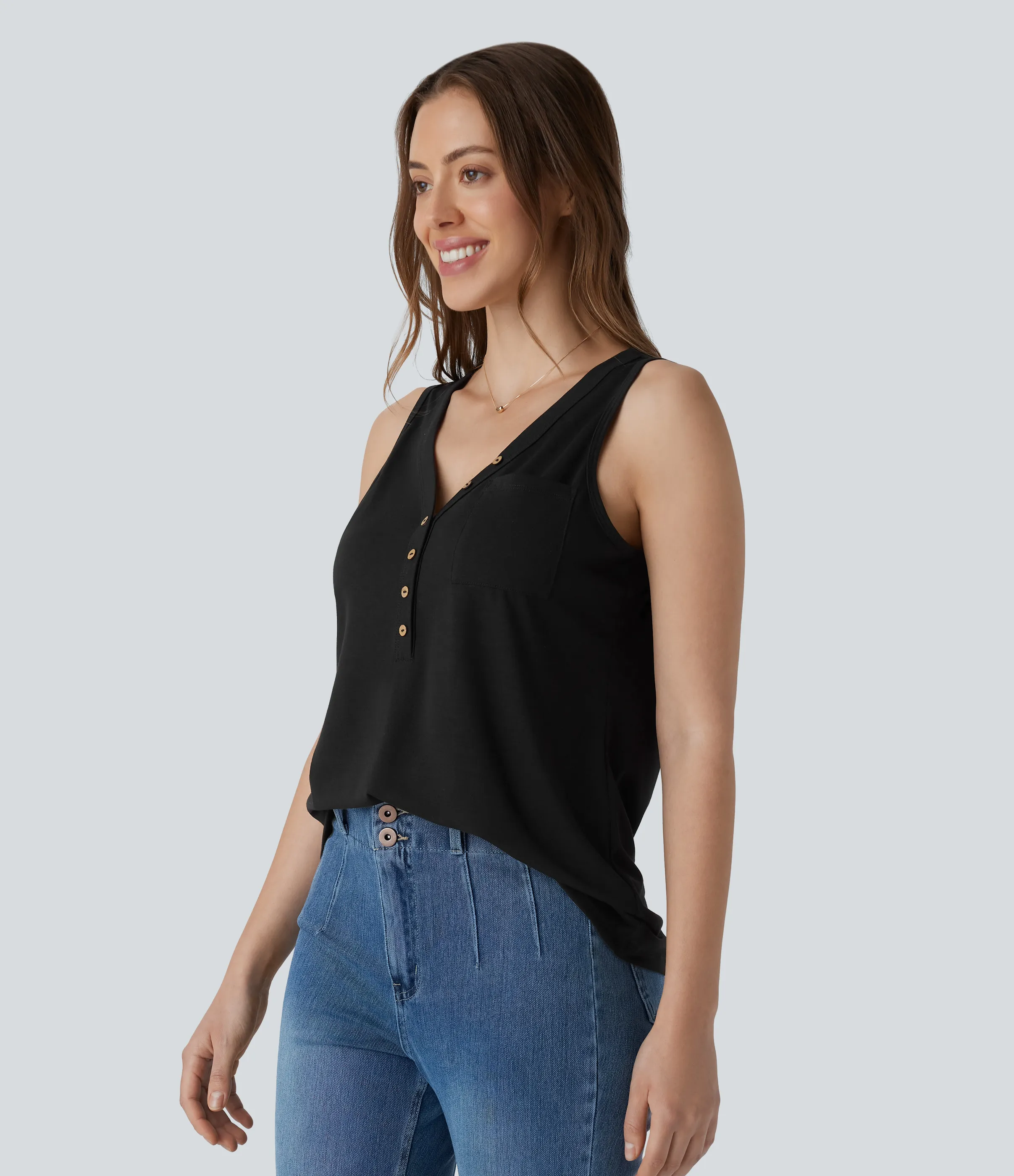 Halara Blusa sin mangas cuello V botón decorativo - Black - L sold by Halara product image thumbnail 4