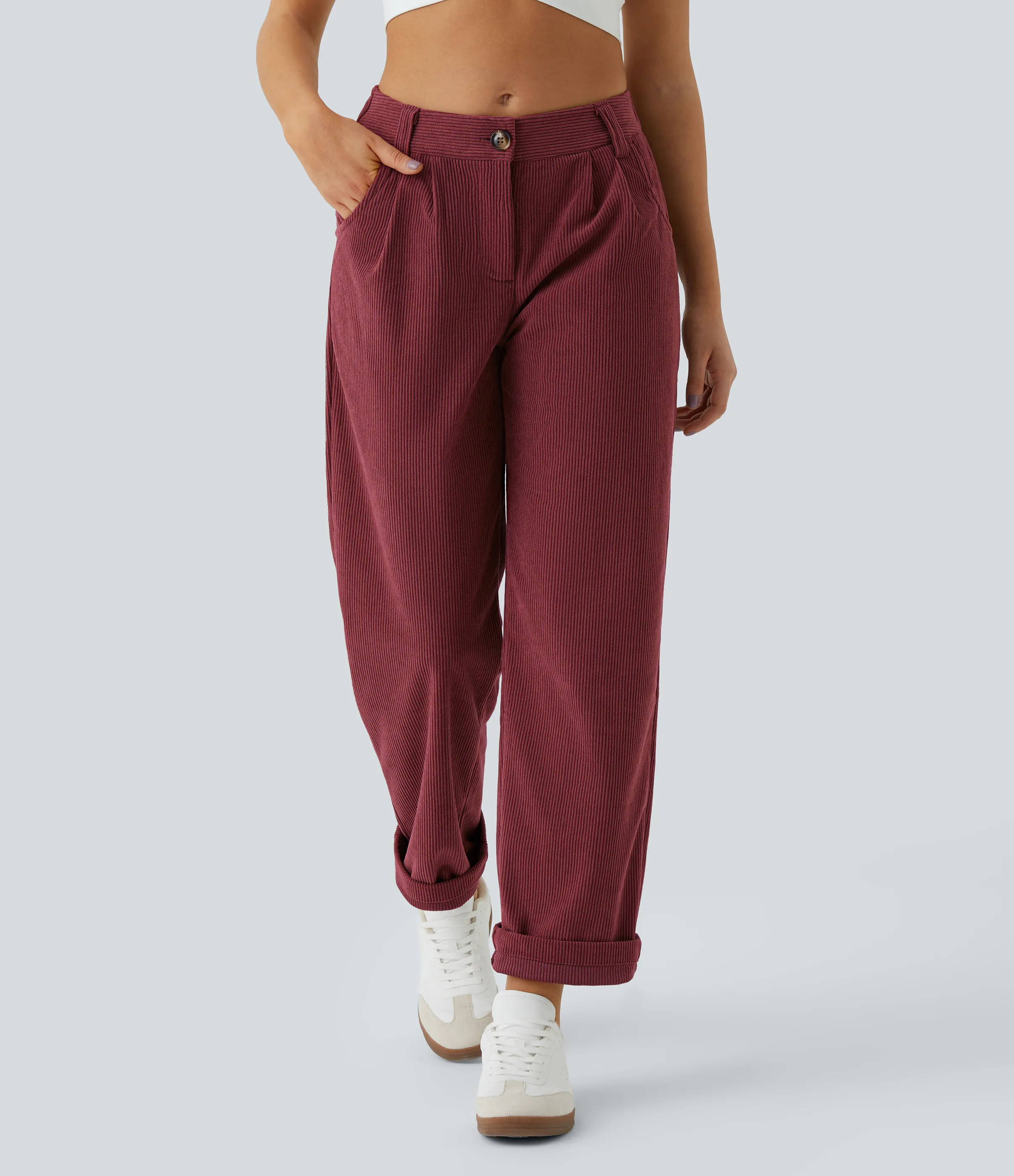 Halara Pantalón pana bolsillo lateral cierre botón tiro medio - Pomegranate - L(tall) sold by Halara product image thumbnail 4