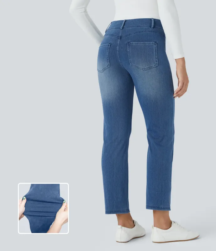 Halara Jeans Halara Flex™ Denim oficina mezclilla elástica lavado pierna recta múltiple bolsillo tiro medio - Blue Gray Denim - M(regular) sold by Halara