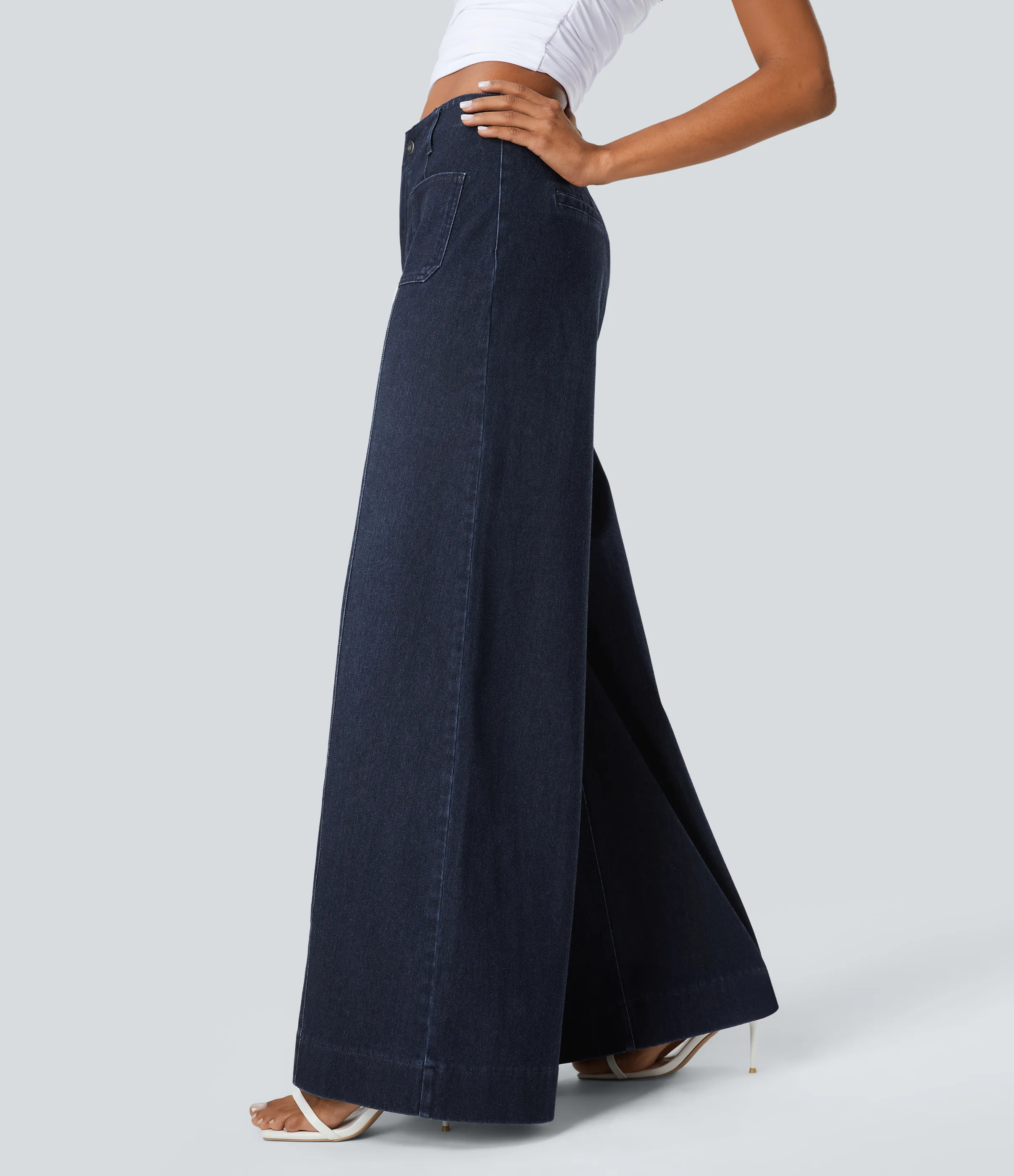 Halara Jeans Halara Flex™ Denim pierna ancha elástico lavado bolsillo delantero tiro alto - Deep Blue Water Denim - XS(regular) sold by Halara product image thumbnail 4