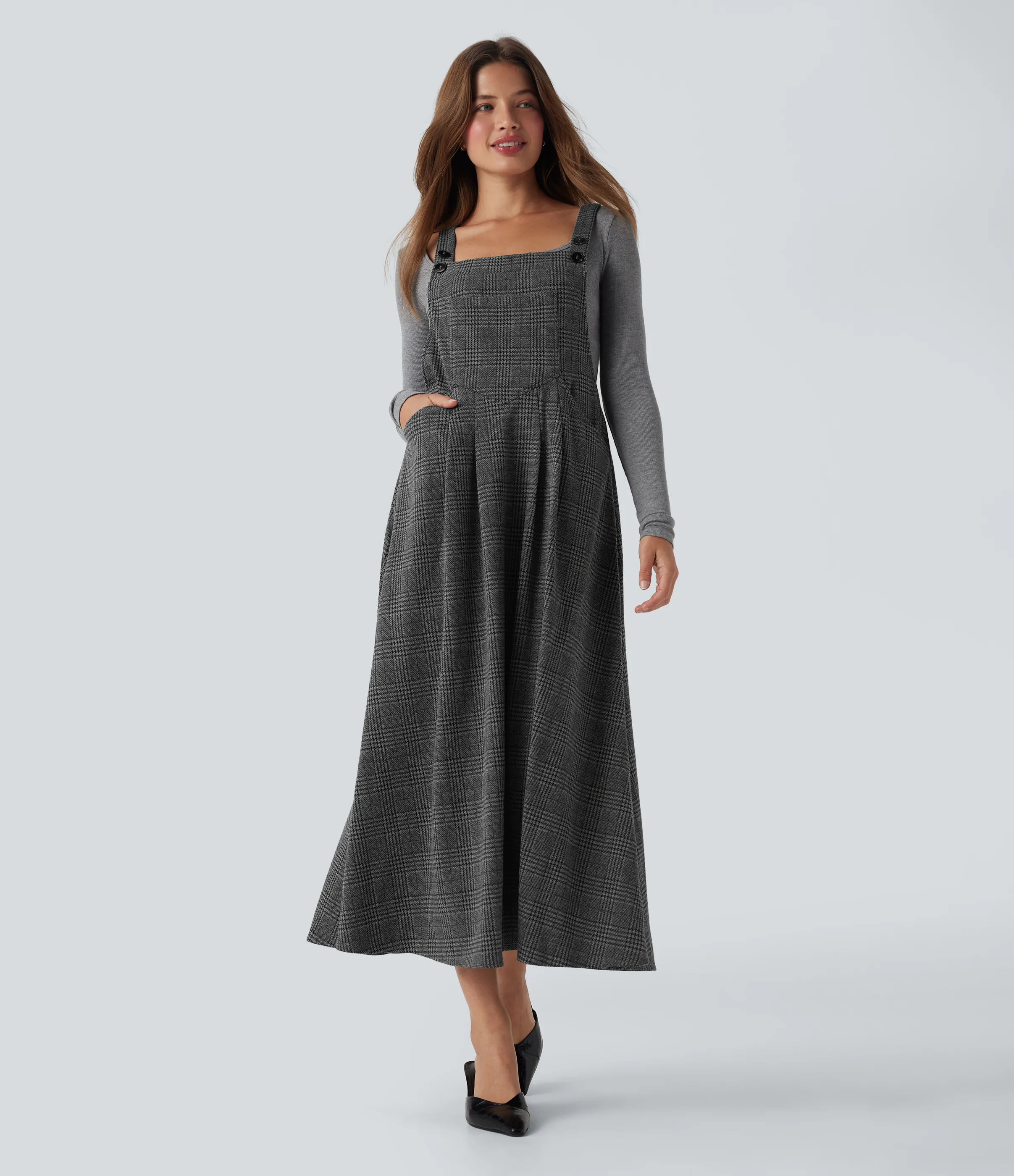 Halara Vestido midi de oficina con bolsillos y estampado de pata de gallo - Charcoal Black Houndstooth Plaid - L sold by Halara product image thumbnail 2