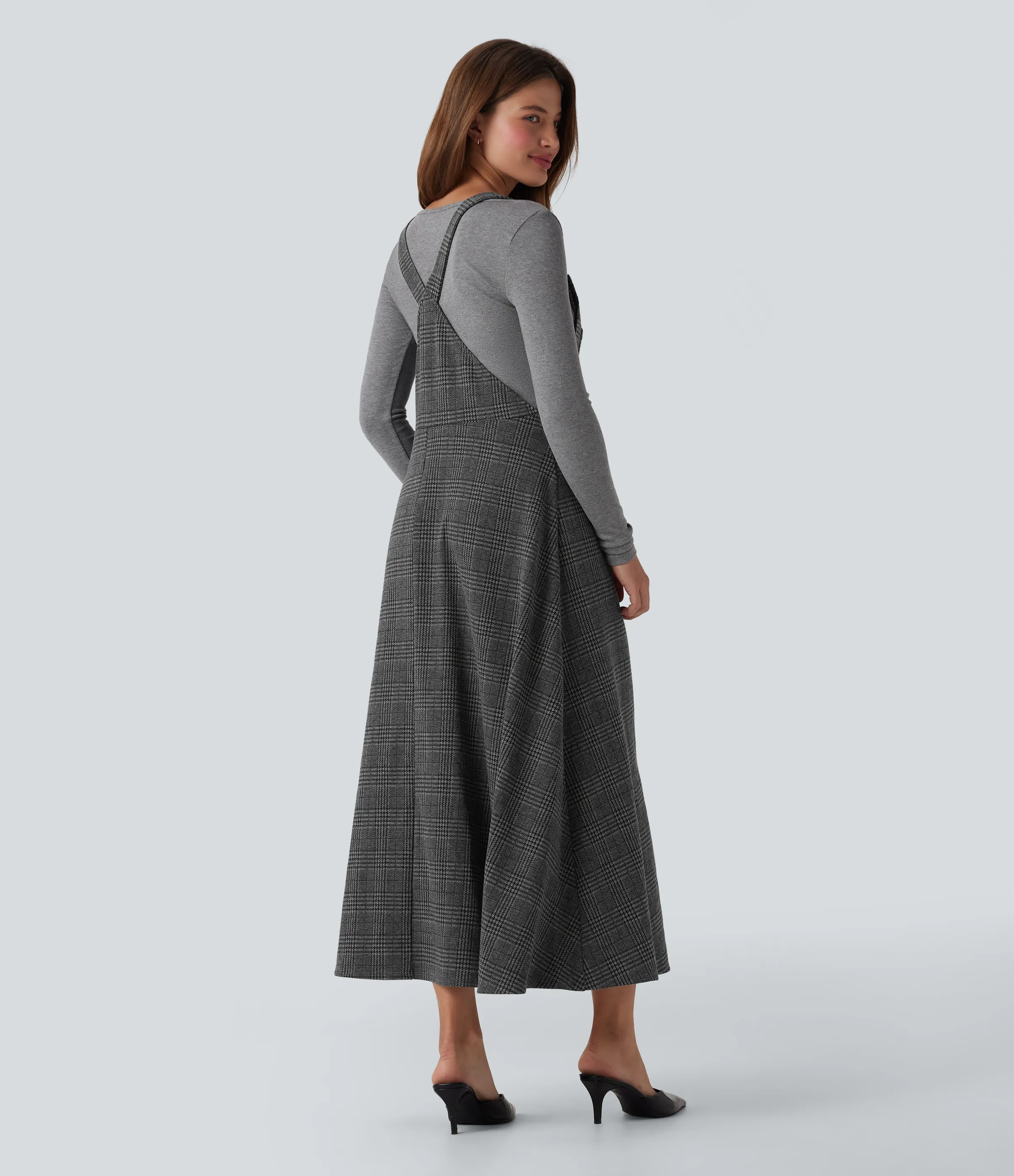 Halara Vestido midi de oficina con bolsillos y estampado de pata de gallo - Charcoal Black Houndstooth Plaid - L sold by Halara product image thumbnail 3