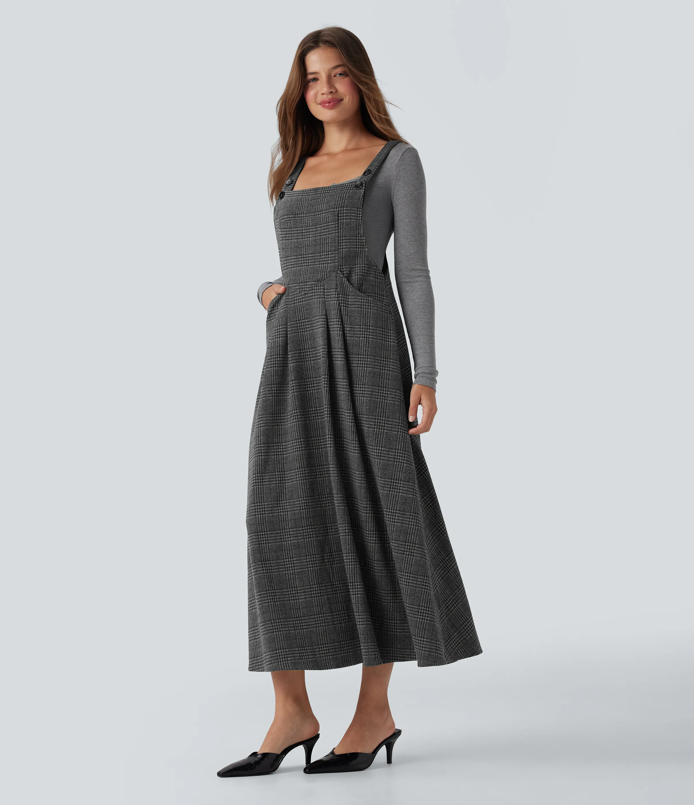 Halara Vestido midi de oficina con bolsillos y estampado de pata de gallo - Charcoal Black Houndstooth Plaid - L sold by Halara product image thumbnail 4