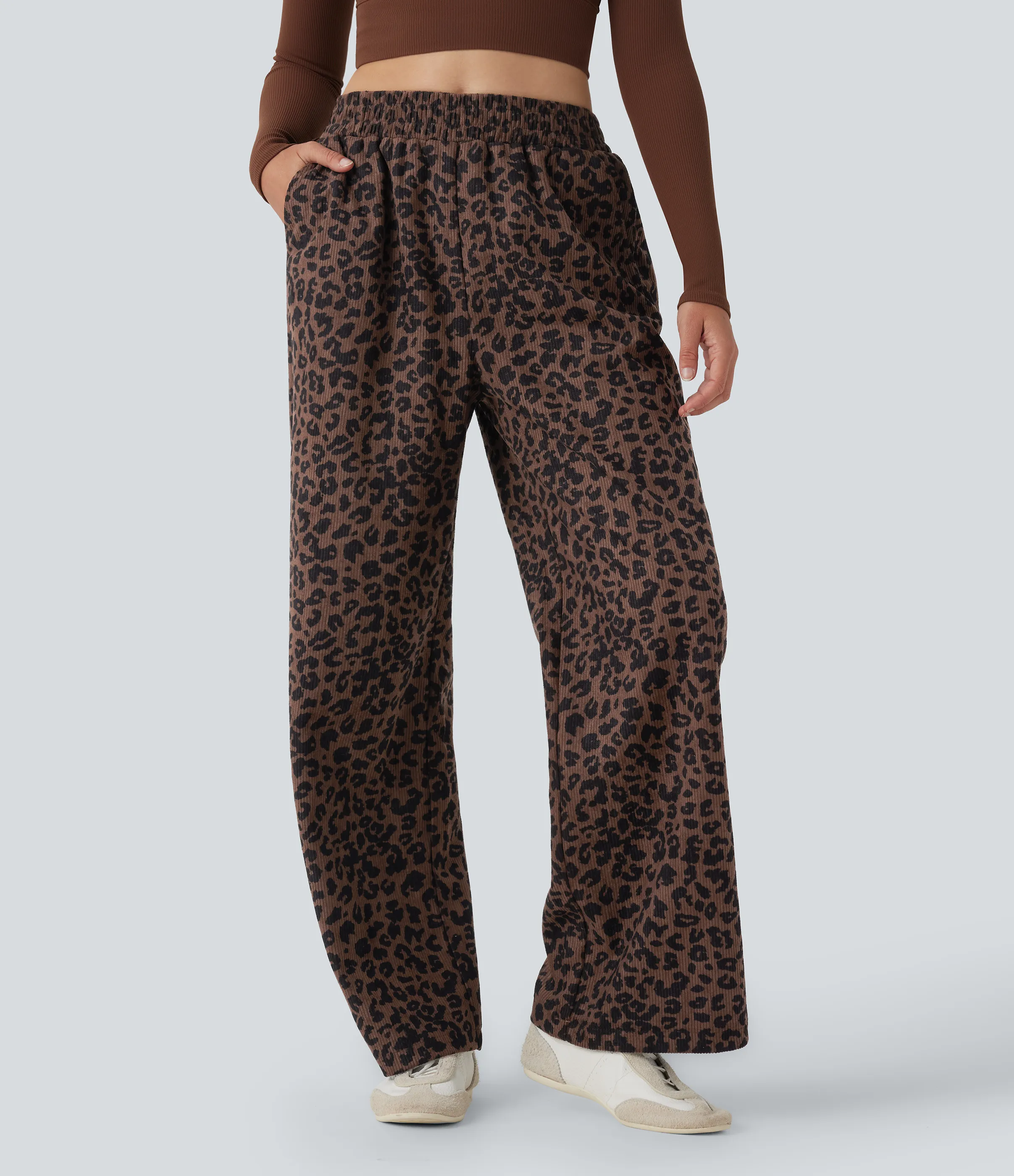 Halara Pantalones holgados casuales de pana con estampado de leopardo y tiro alto con bolsillos - Black Coffee Leopard Print - L(tall) sold by Halara product image thumbnail 4
