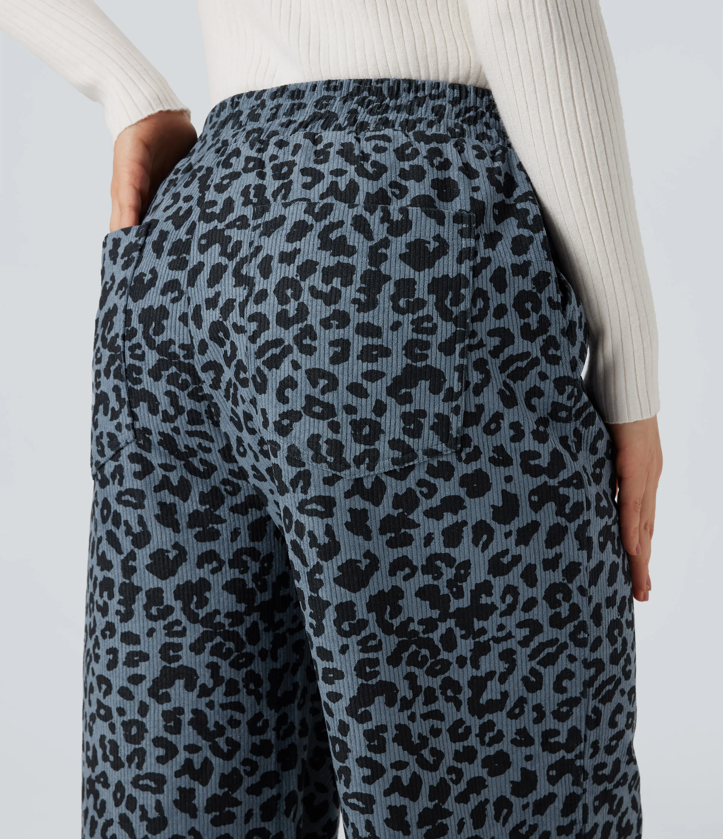 Halara Pantalones holgados casuales de pana con estampado de leopardo y tiro alto con bolsillos - Indigo Wild - L(regular) sold by Halara product image thumbnail 5