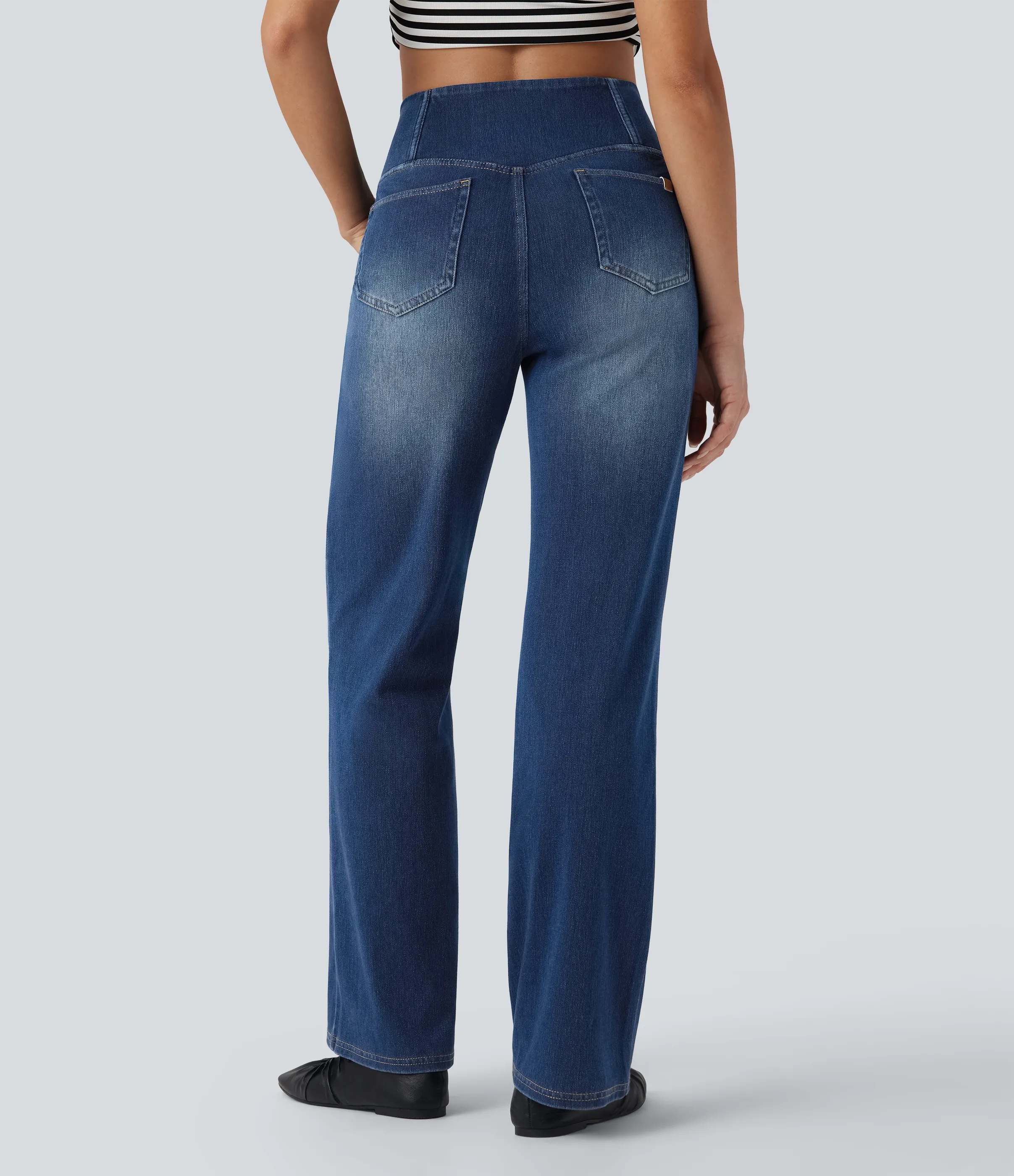 Halara Jeans casuales rectos con control de abdomen de tiro alto cruzado y bolsillos, estilo Halara Flex™ SoCinched - Estate Blue Denim - M(regular) sold by Halara product image thumbnail 3