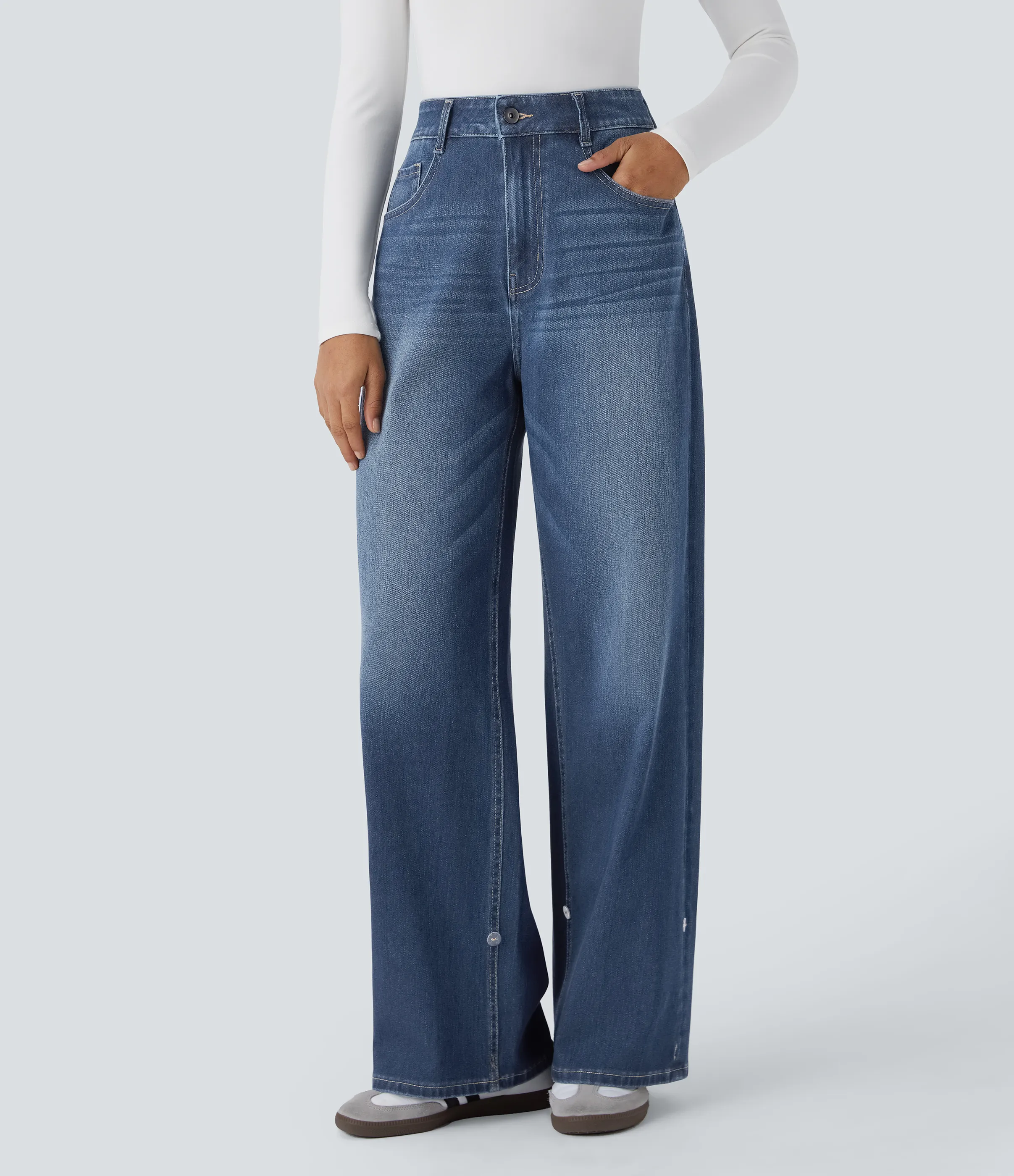 Halara Jeans Halara Flex™ Denim elástico lavado pierna ancha tiro alto múltiple bolsillo dobladillo ajustable - Paint Blue Denim - XS(regular) sold by Halara product image thumbnail 2