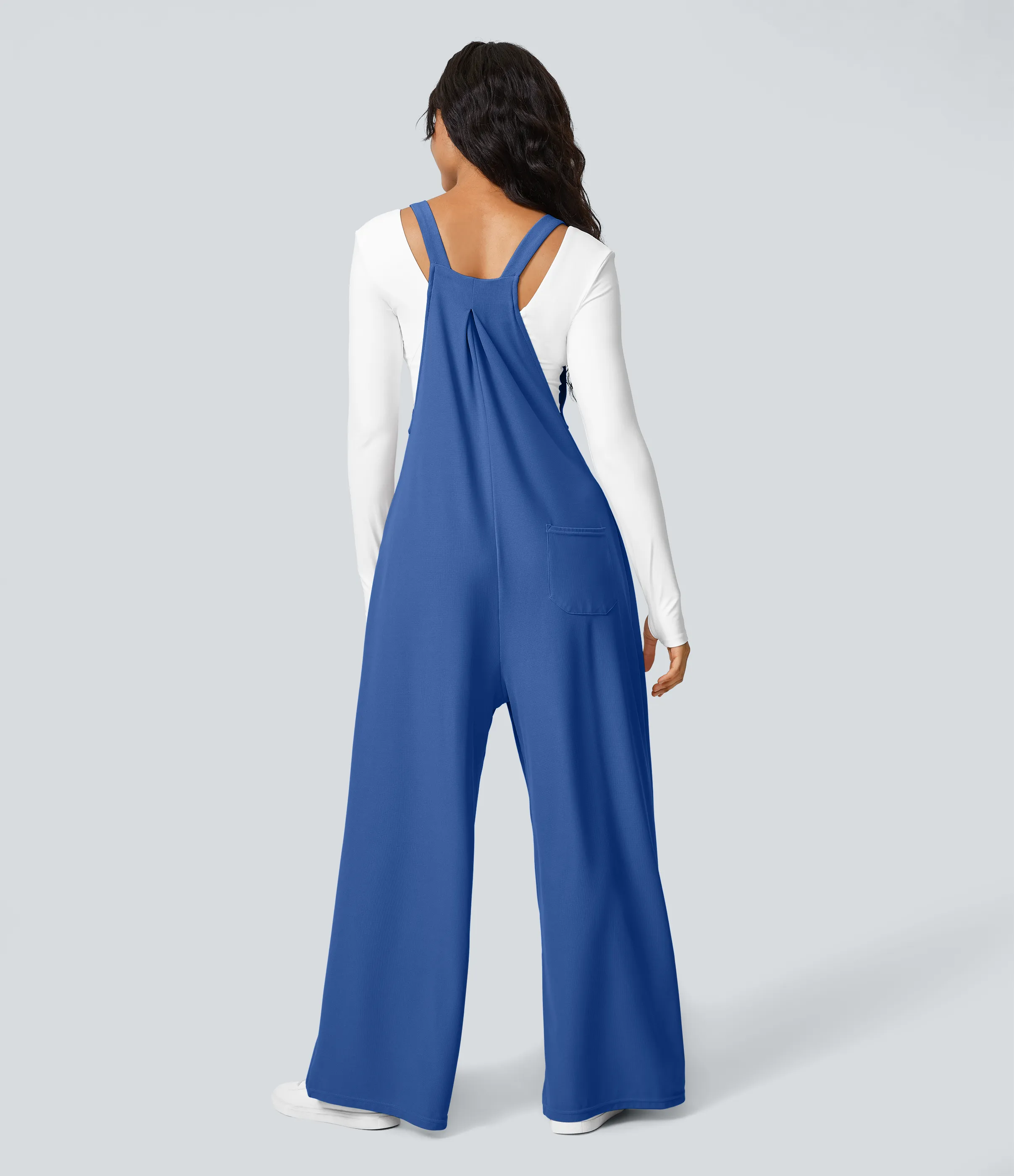 Halara Overol botón correa ajustable bolsillo múltiple gofre plisado - Deep Sapphire Blue - L(petite) sold by Halara product image thumbnail 4