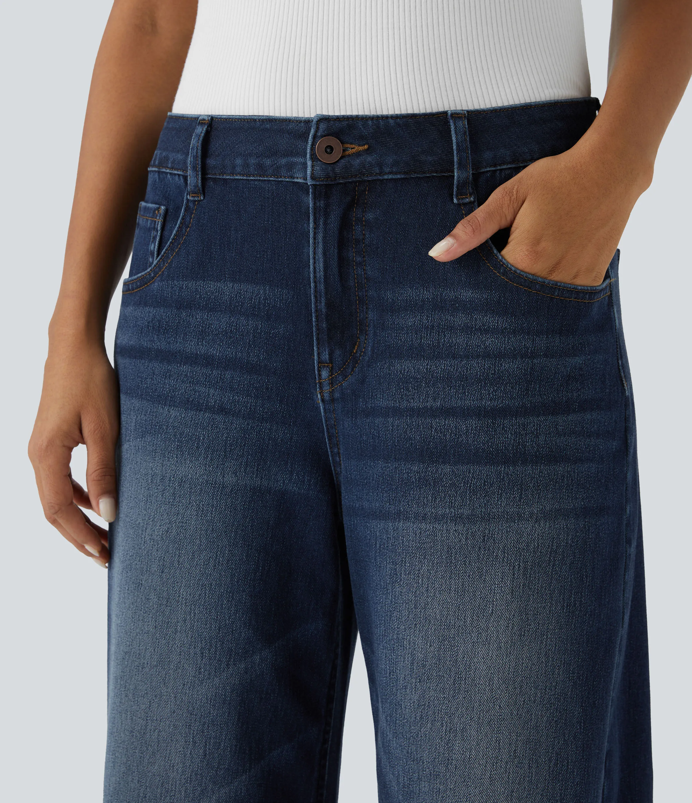 Halara Jeans Baggy Halara Flex™ Denim tiro bajo botón cremallera múltiple bolsillo elástico lavado holgado pierna ancha - Distressed Denim Dark Blue - M(petite) sold by Halara product image thumbnail 5