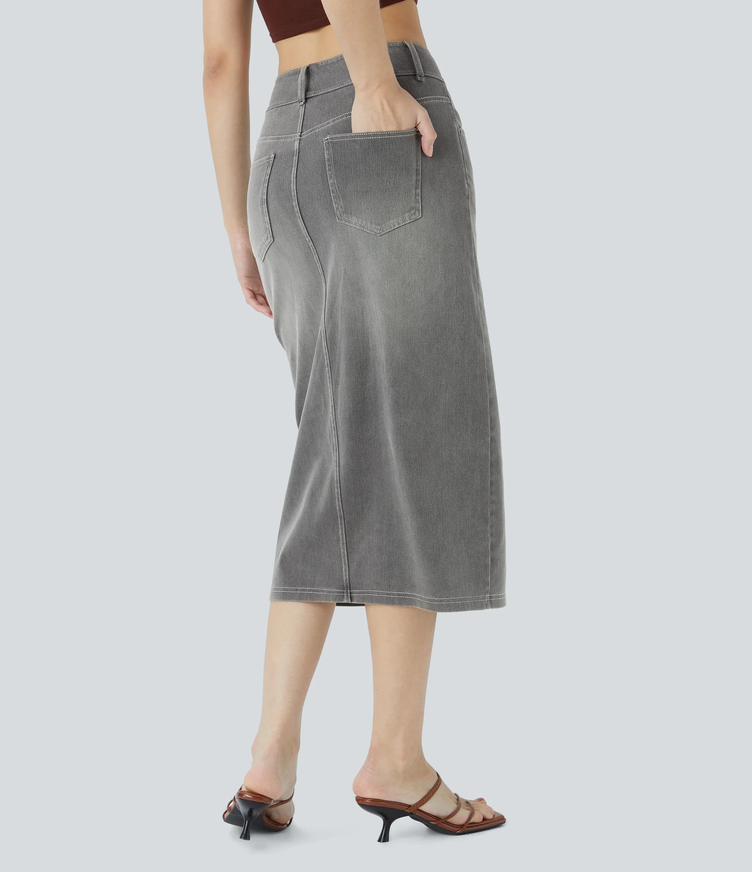 Halara Falda Midi Halara Flex™ Denim elástica de tiro alto descolorida con múltiples bolsillos - Black Iron Gray Denim - XS(regular) sold by Halara product image thumbnail 3