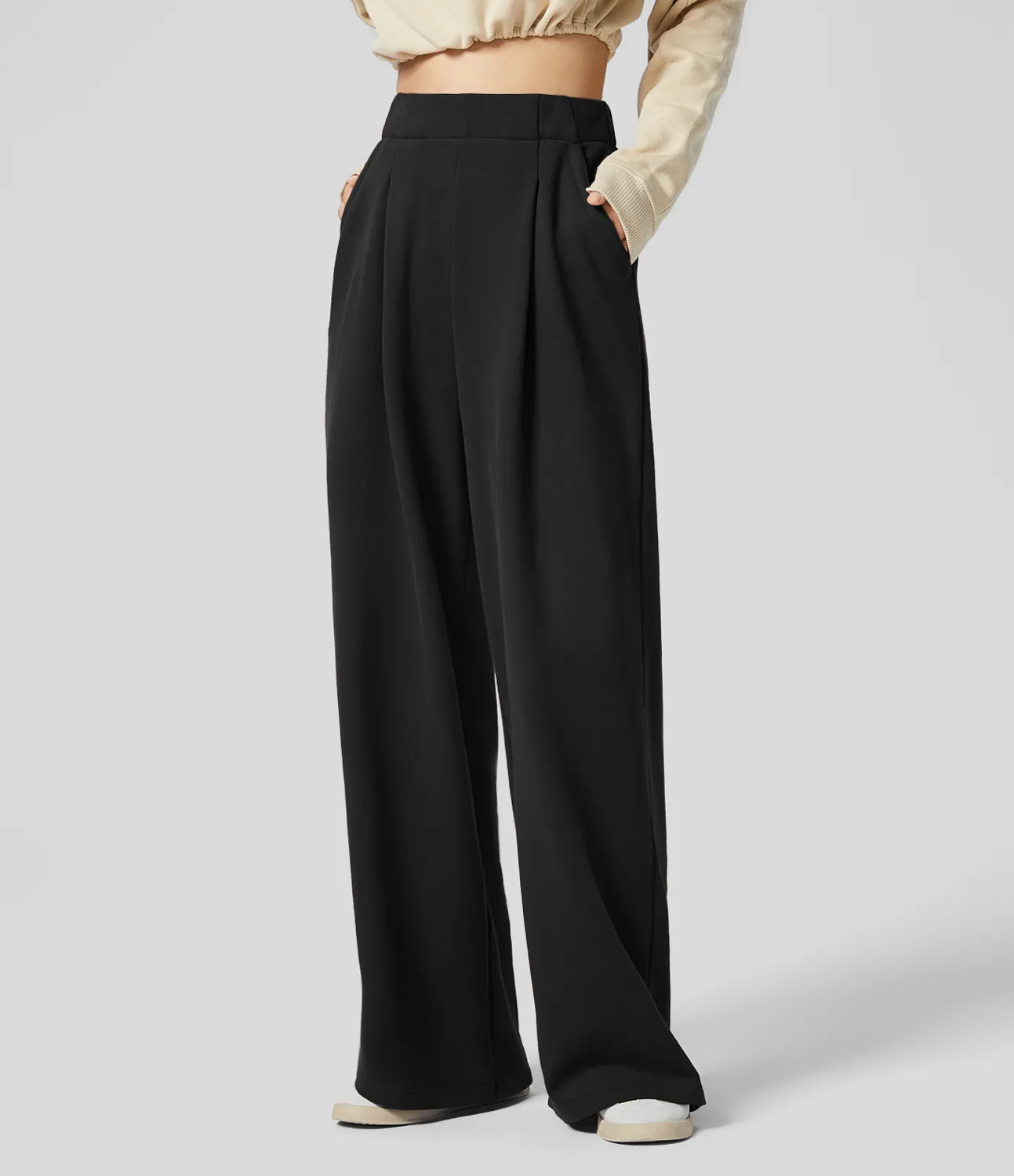 Halara Pantalón polar tiro alto bolsillo lateral pierna ancha - Black - XS(regular) sold by Halara