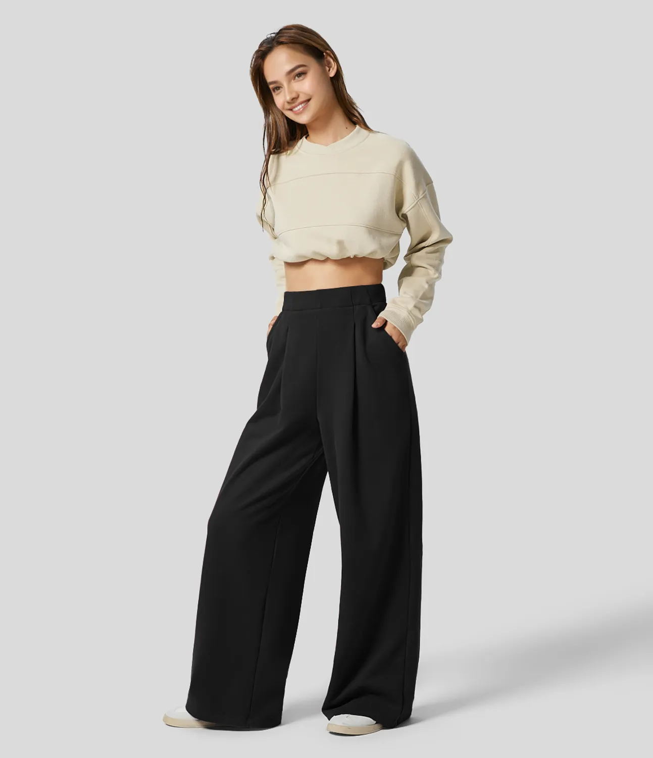 Halara Pantalón polar tiro alto bolsillo lateral pierna ancha - Black - XS(regular) sold by Halara product image thumbnail 5