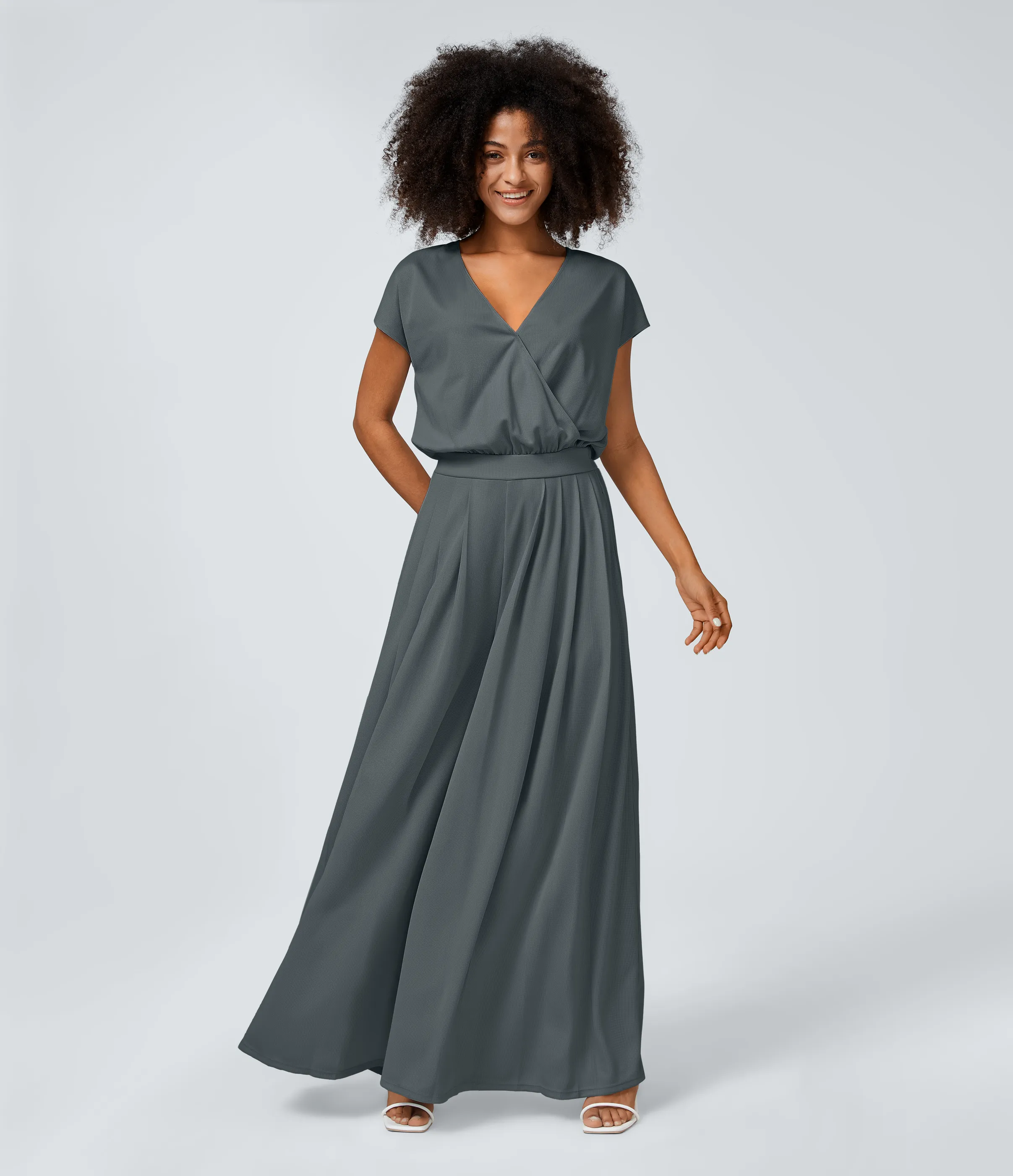 Halara Mono cuello V manga corta bolsillo lateral plisado pierna ancha - Hurricane Grey - XS(tall) sold by Halara product image thumbnail 2