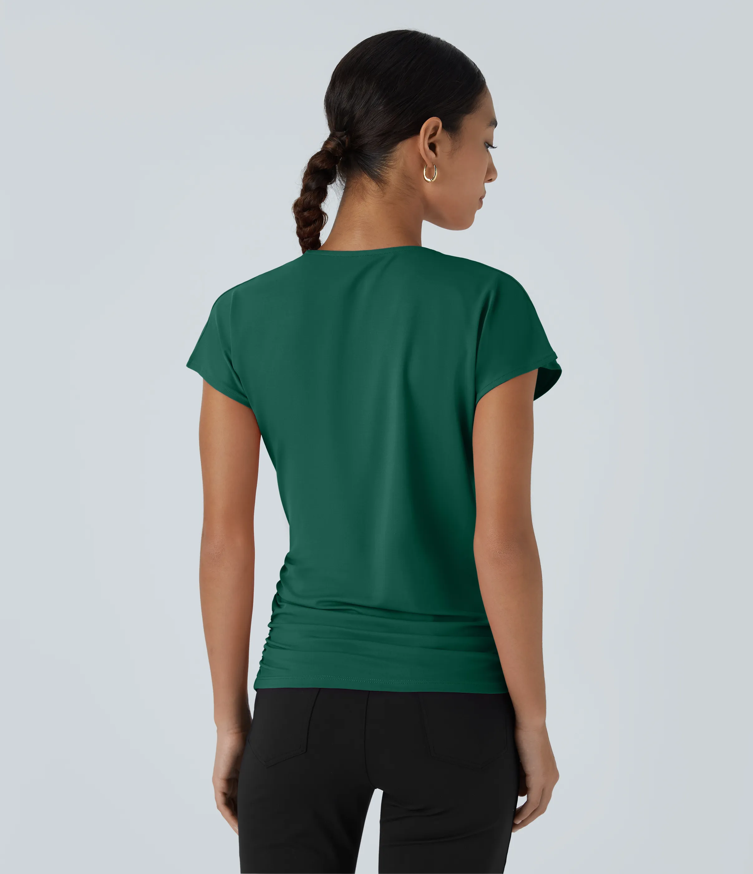 Halara Blusa oficina sólida pliegue cruzado manga japonesa cuello V - Rain Forest - L sold by Halara product image thumbnail 3