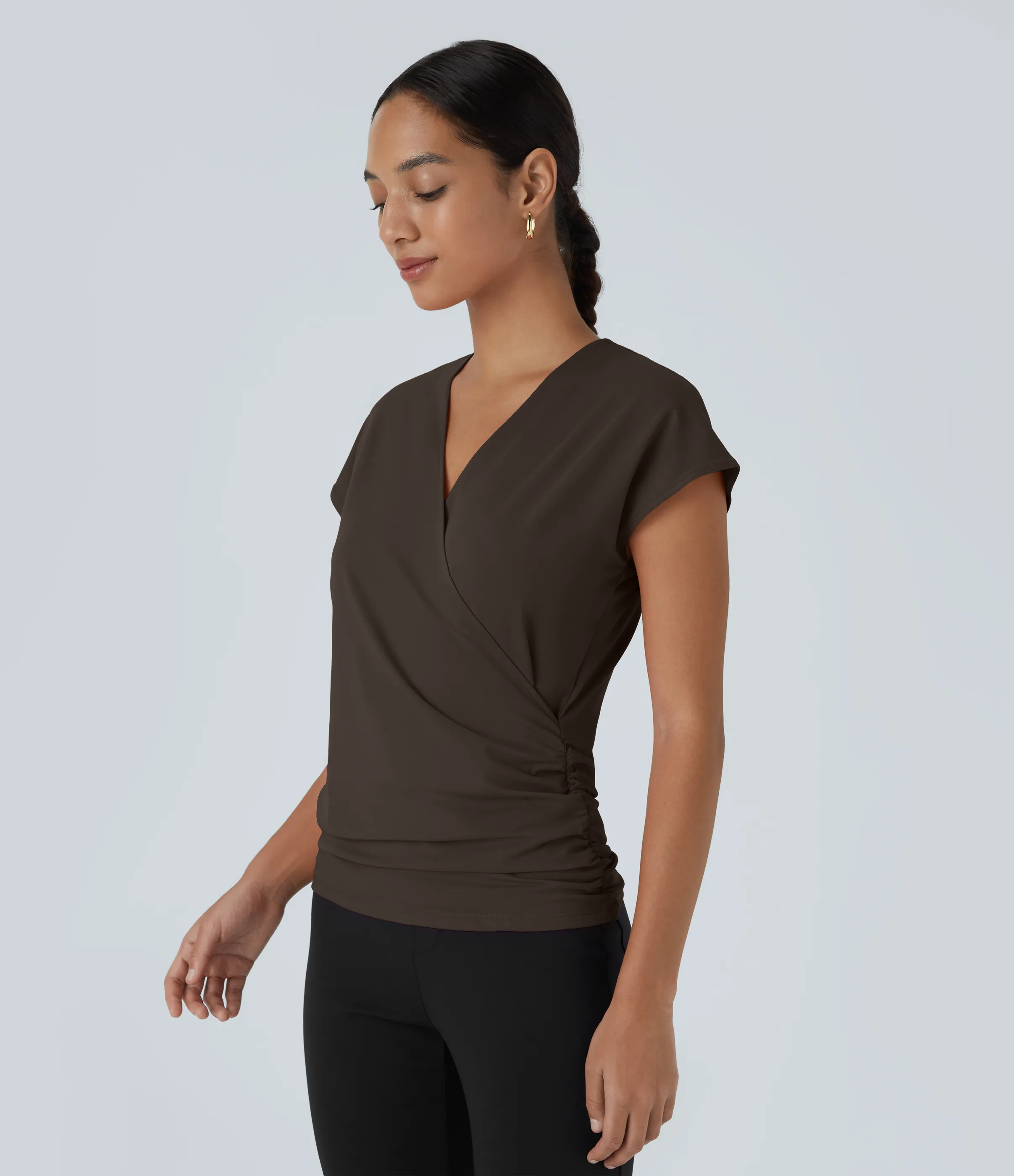 Halara Blusa oficina sólida pliegue cruzado manga japonesa cuello V - Delicioso - S sold by Halara product image thumbnail 4