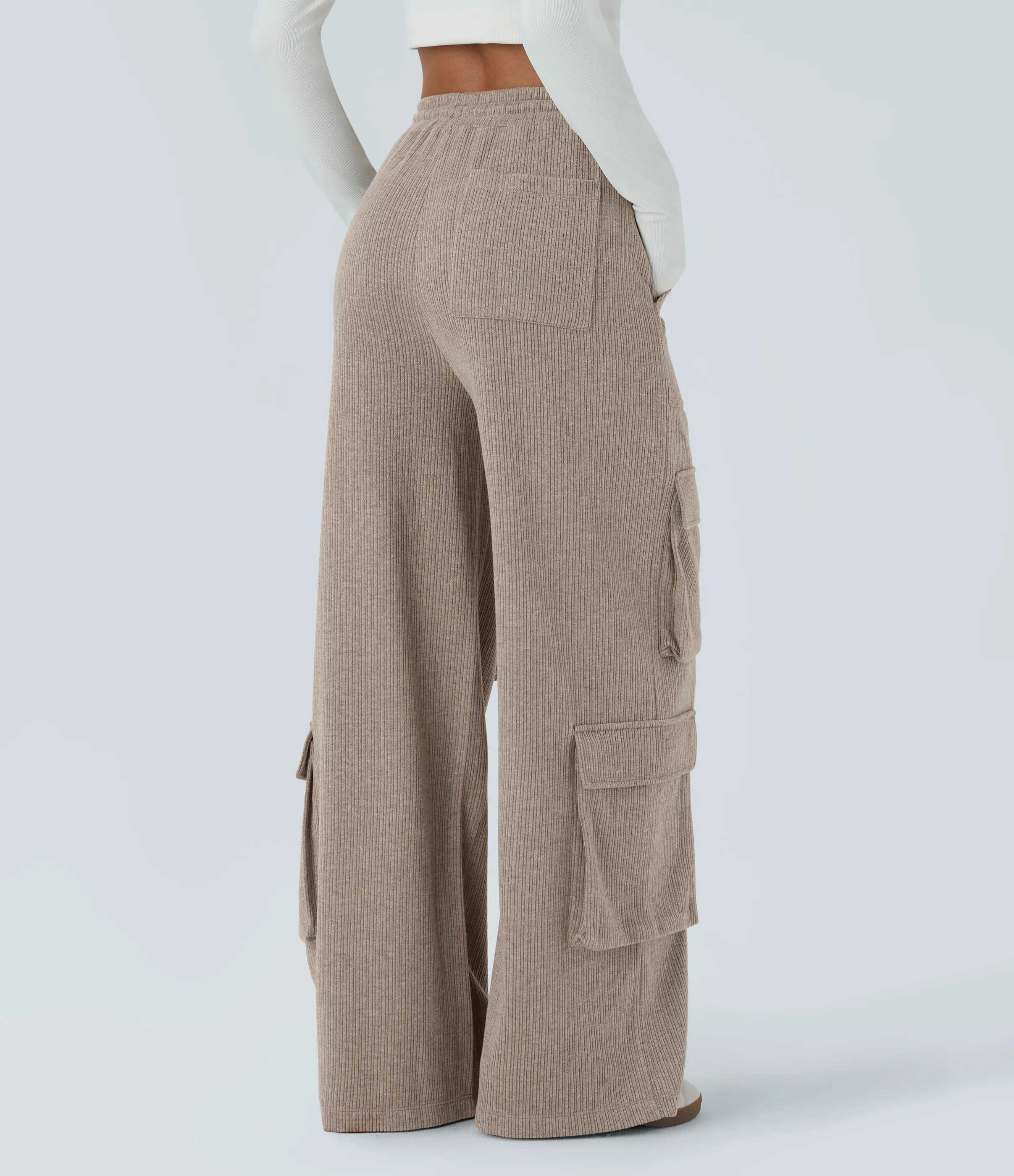 Halara Pantalón cargo tiro medio canalé cordón ajustable múltiple bolsillo pierna ancha - Mocha Meringue - L(regular) sold by Halara product image thumbnail 3