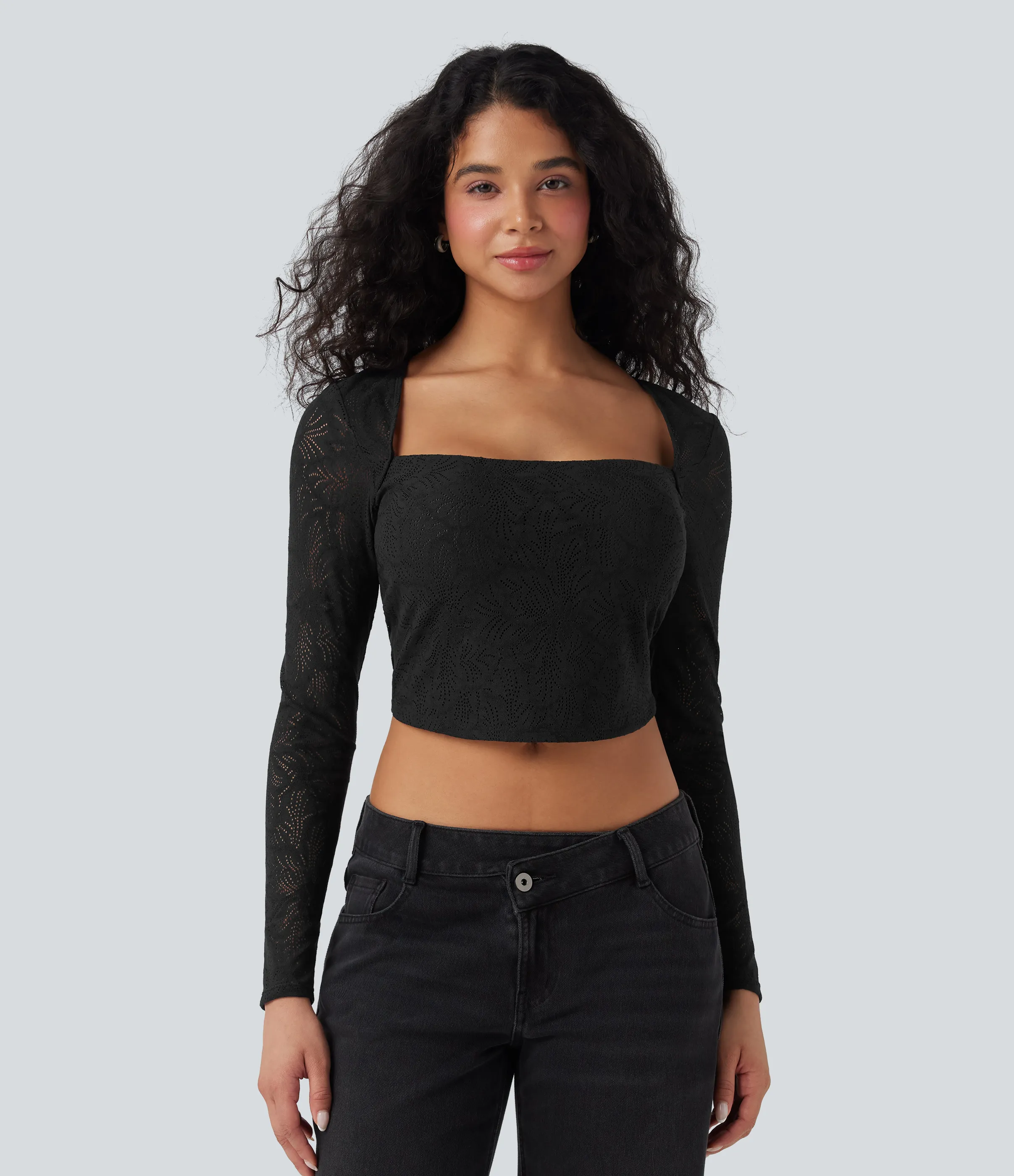Halara Top casual ajustado con encaje recortado de manga larga y cuello cuadrado - Black - M sold by Halara