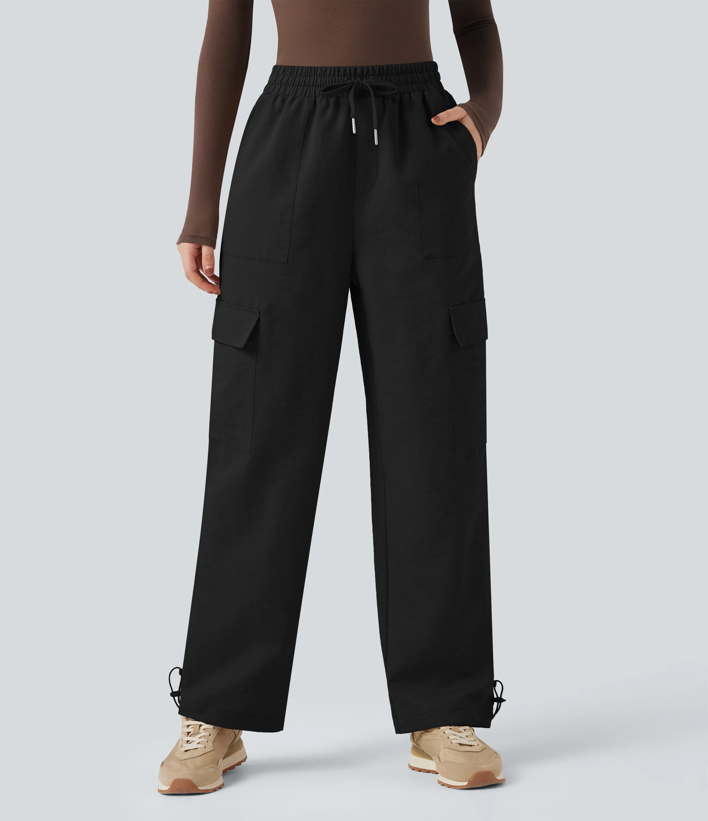 Halara Pantalones casuales anchos de lino con tiro medio resistente arrugas con cordón y bolsillos - Black - S(regular) sold by Halara product image thumbnail 3