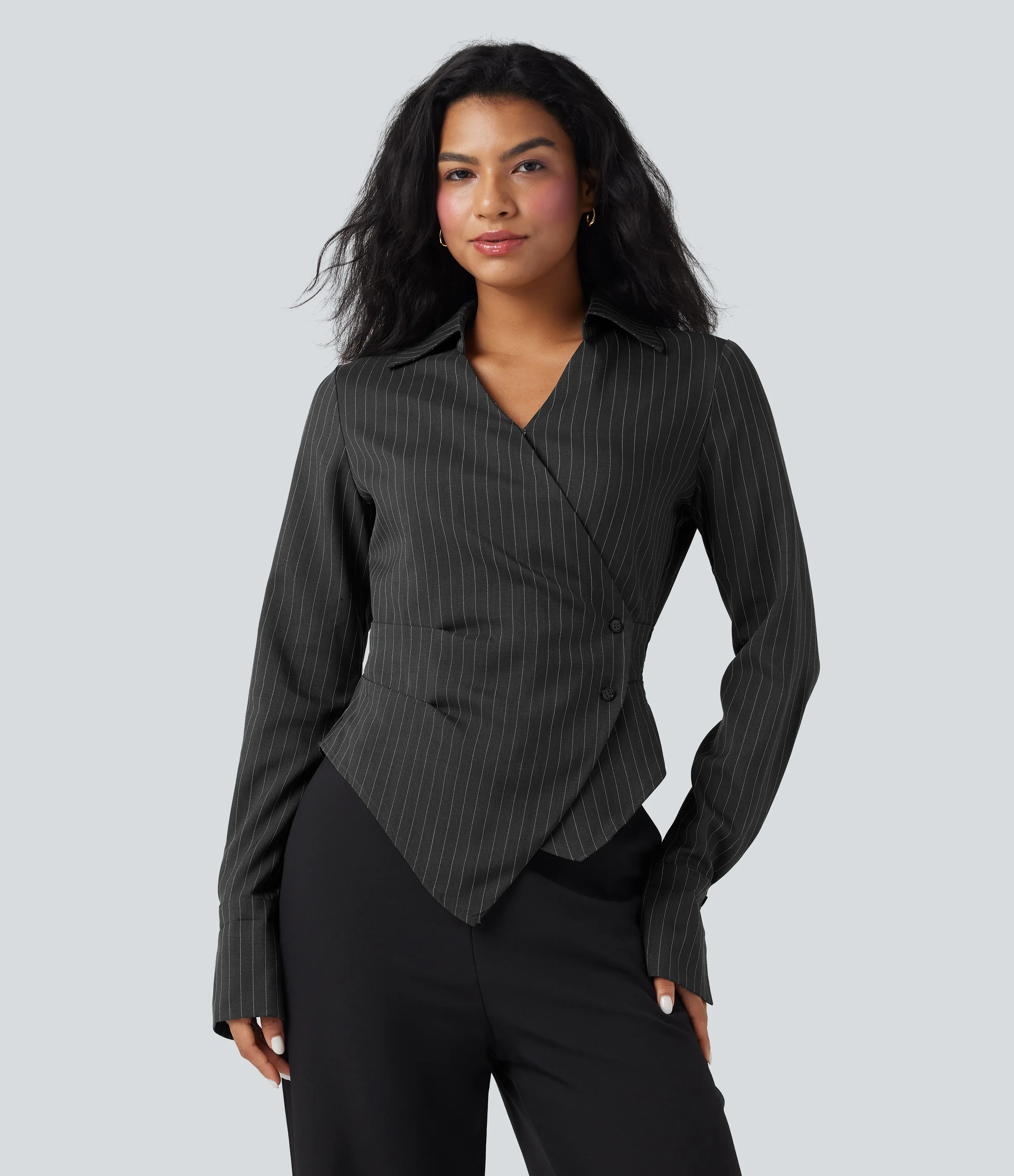 Halara Camisa de oficina de manga larga cruzada con cordones y rayas - Charcoal Pinstripe - XS sold by Halara product image thumbnail 2