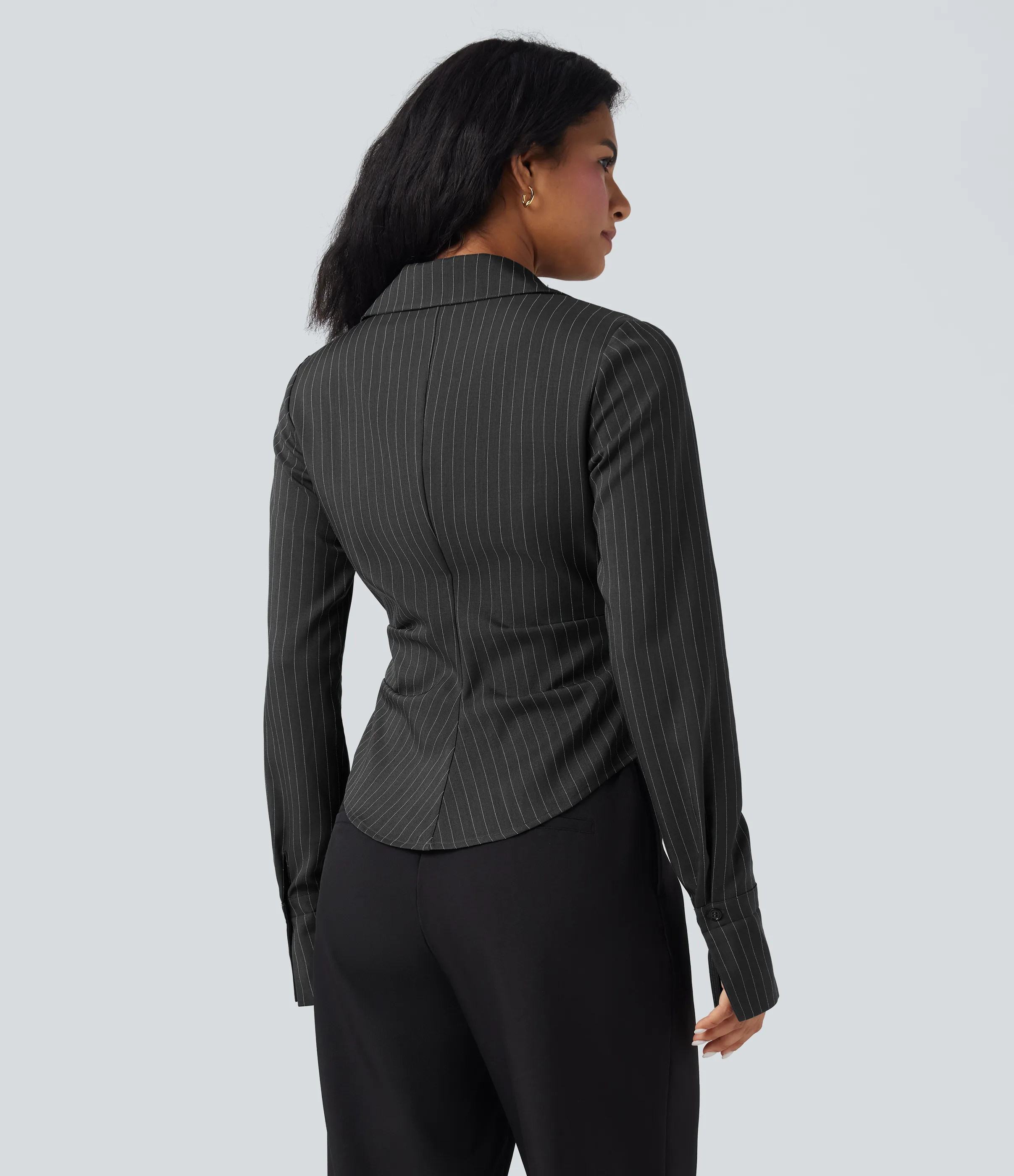 Halara Camisa de oficina de manga larga cruzada con cordones y rayas - Charcoal Pinstripe - XS sold by Halara product image thumbnail 3