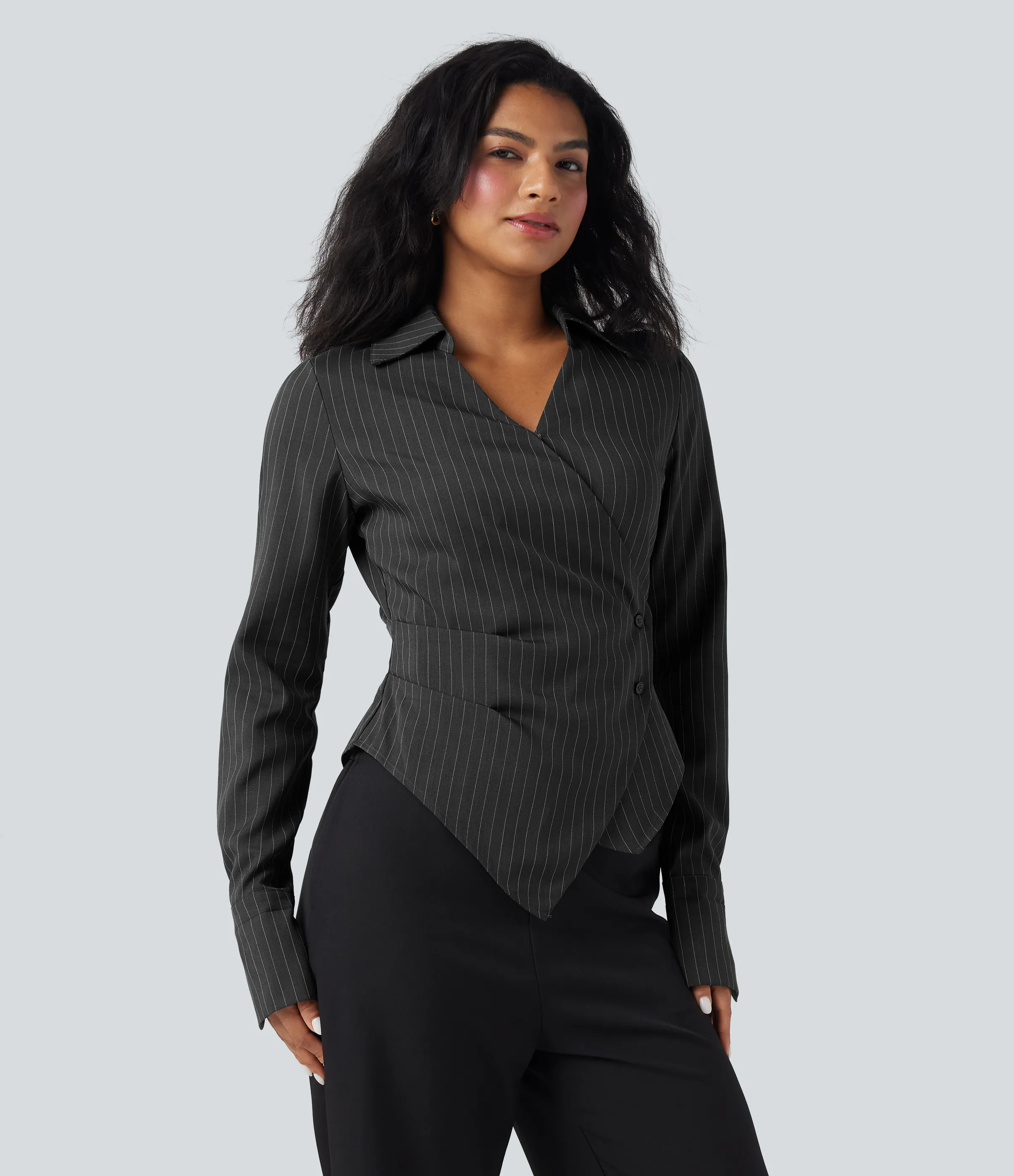 Halara Camisa de oficina de manga larga cruzada con cordones y rayas - Charcoal Pinstripe - XS sold by Halara product image thumbnail 4