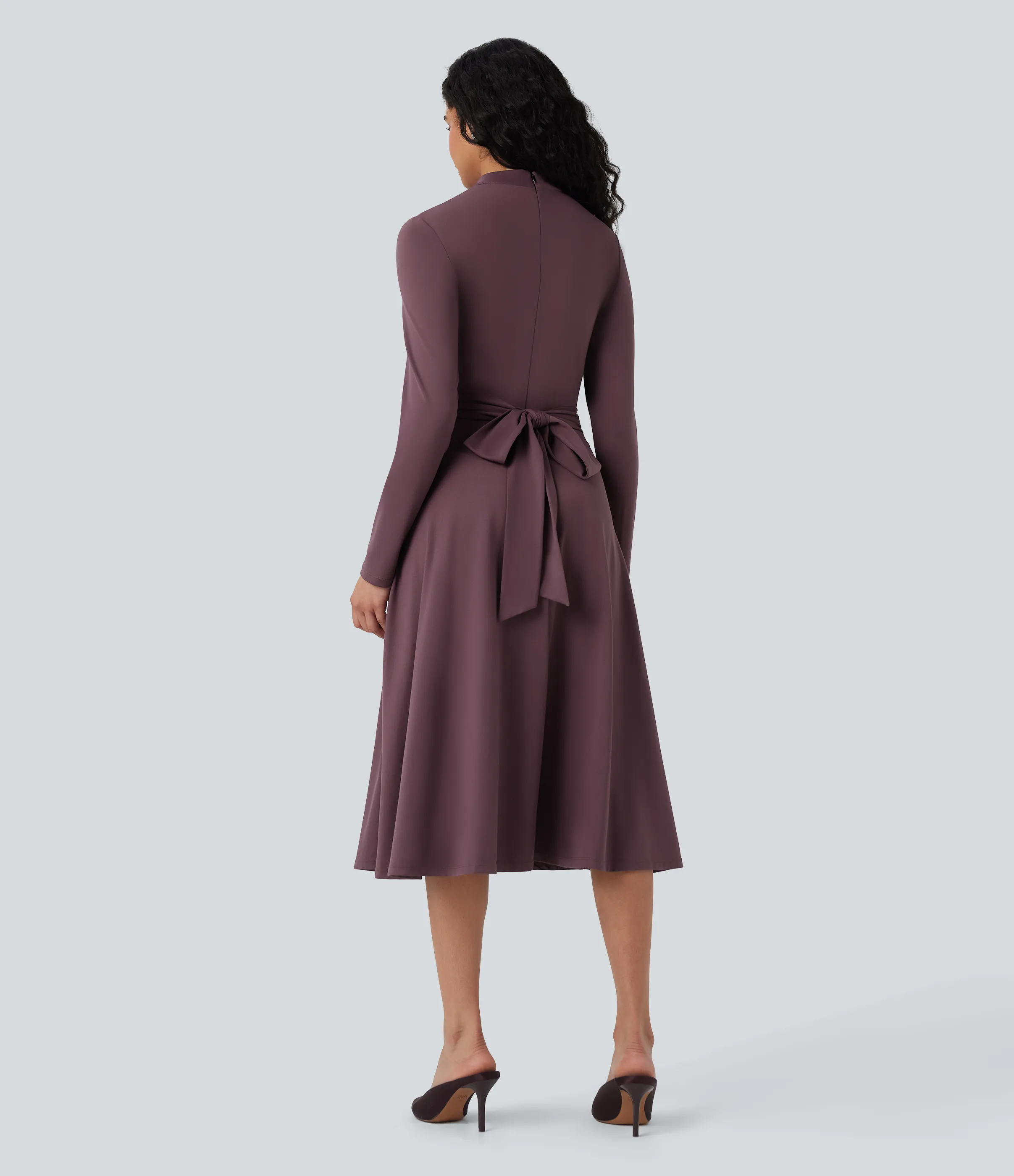 Halara Vestido de oficina midi con mangas largas, aberturas y lazo en la espalda con bolsillos - Plum Wine - S sold by Halara product image thumbnail 3