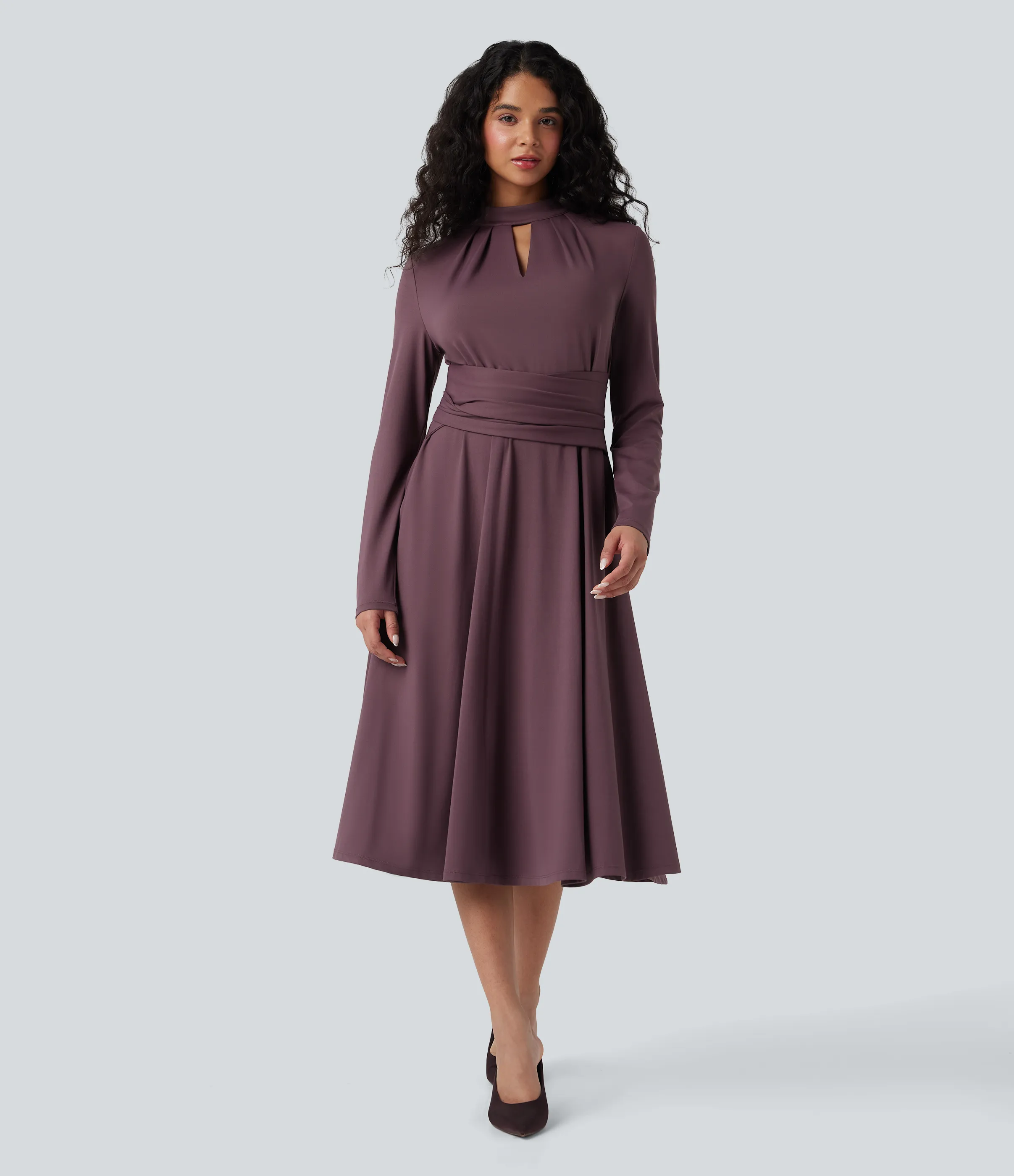 Halara Vestido de oficina midi con mangas largas, aberturas y lazo en la espalda con bolsillos - Plum Wine - S sold by Halara product image thumbnail 4